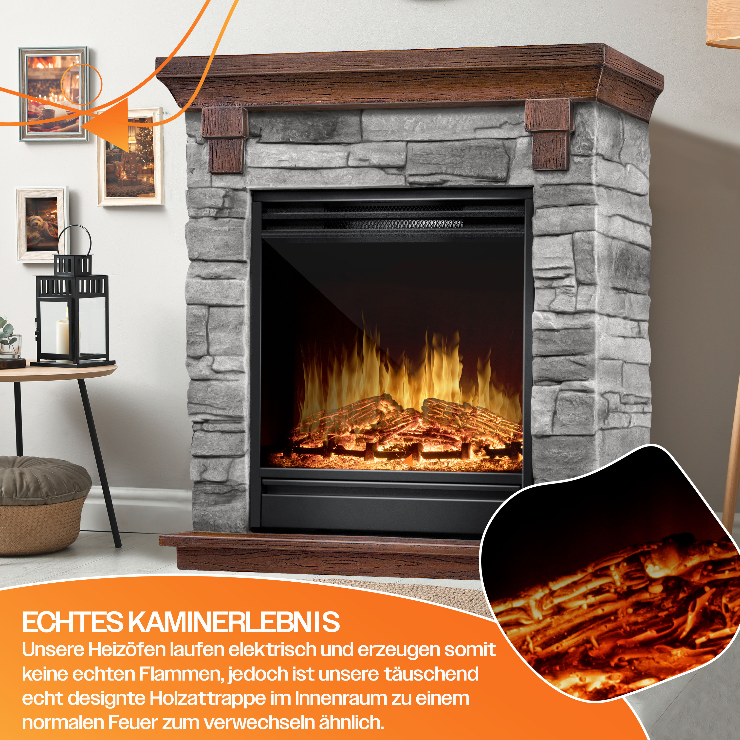 Ein elektrischer Kamin mit Steindesign und Holzoptik, der realistische Flammen und glühende Holzscheite zeigt.
