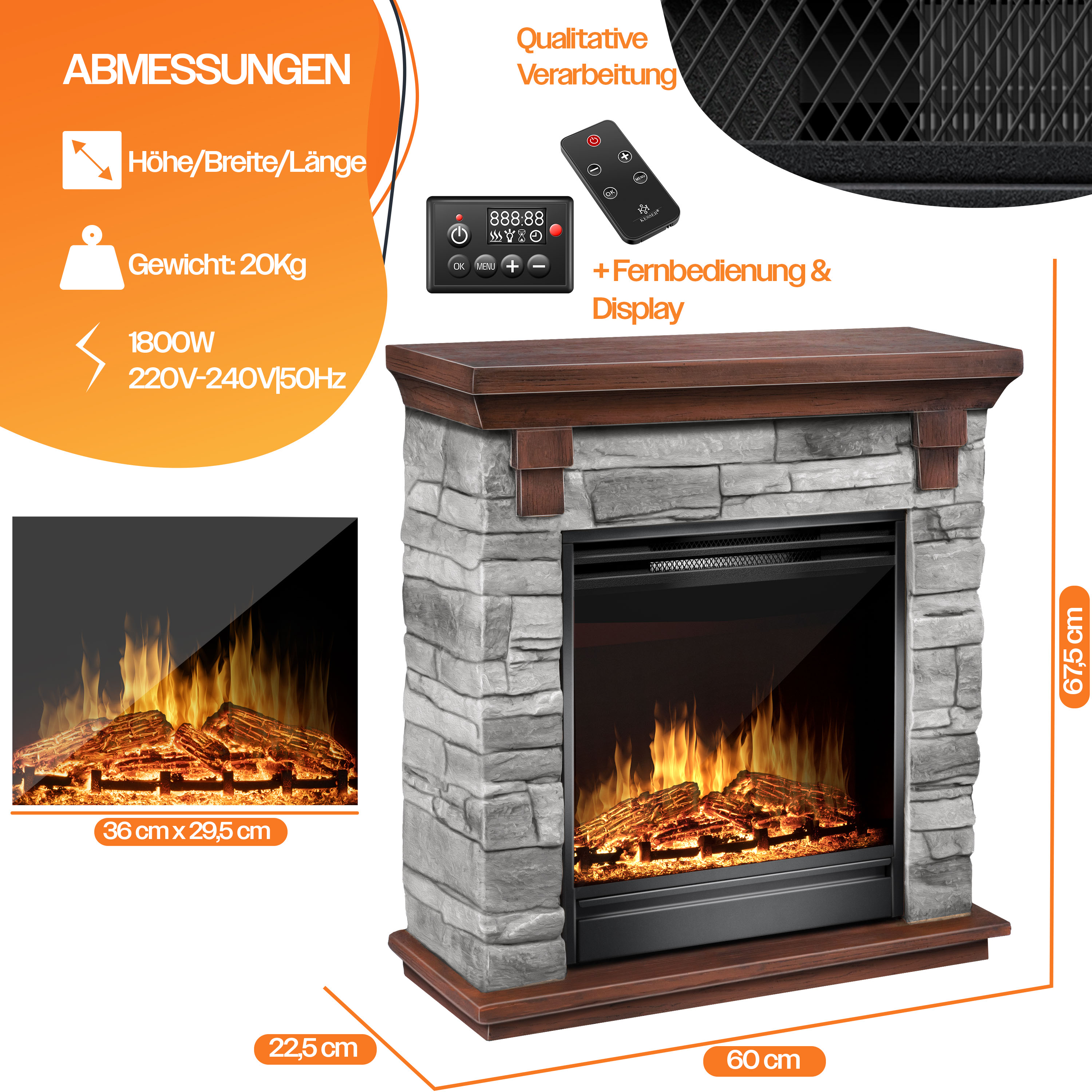 Elektrischer Kamin aus Steinoptik mit Holzmantel, Fernbedienung, Display und technischen Daten.