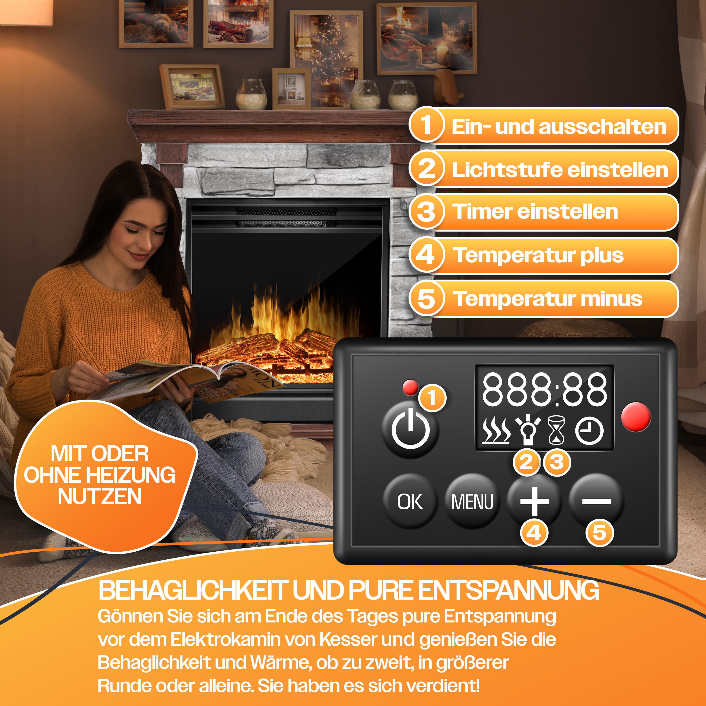 Eine Frau liest vor einem elektrischen Kamin, daneben eine Fernbedienung mit nummerierten Tasten.
