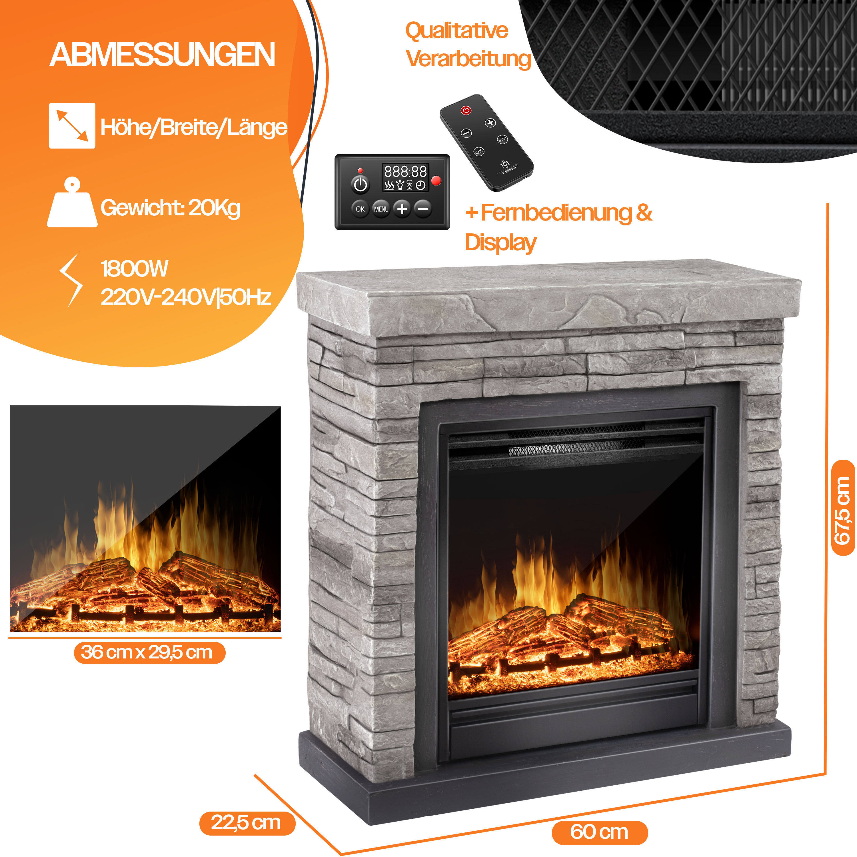 Elektrischer Steinkamin mit Abmessungen, Fernbedienung, Display und Flammeneffekt.
