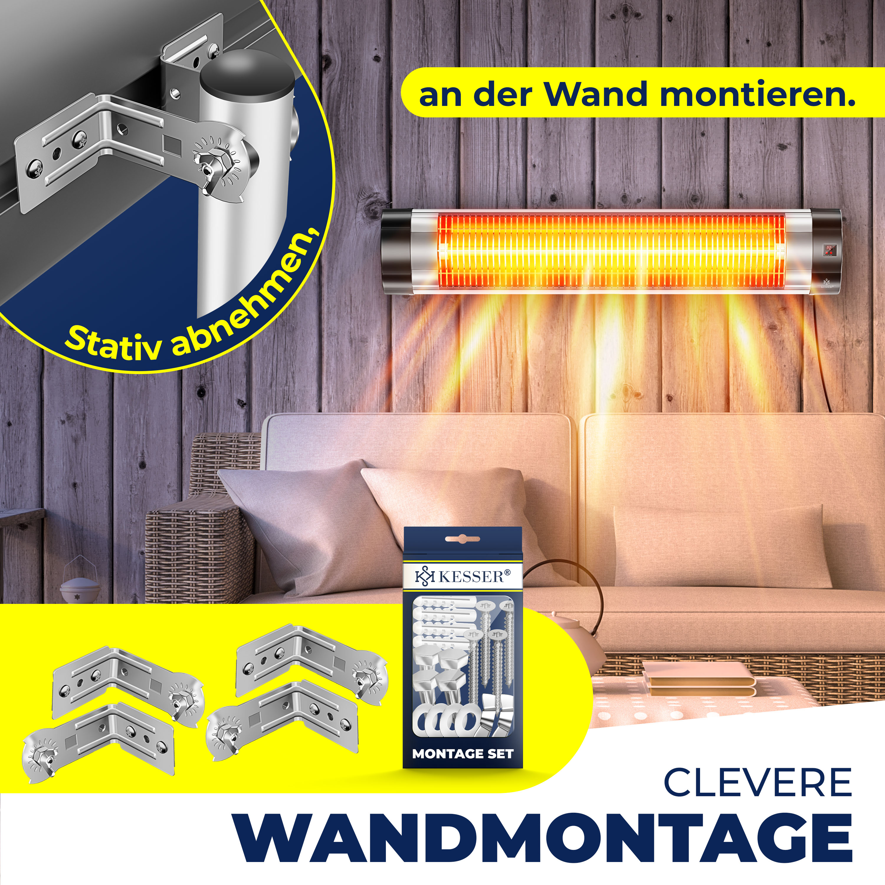 Wandmontage eines Infrarot-Heizstrahlers über einer Couch mit Montageset.