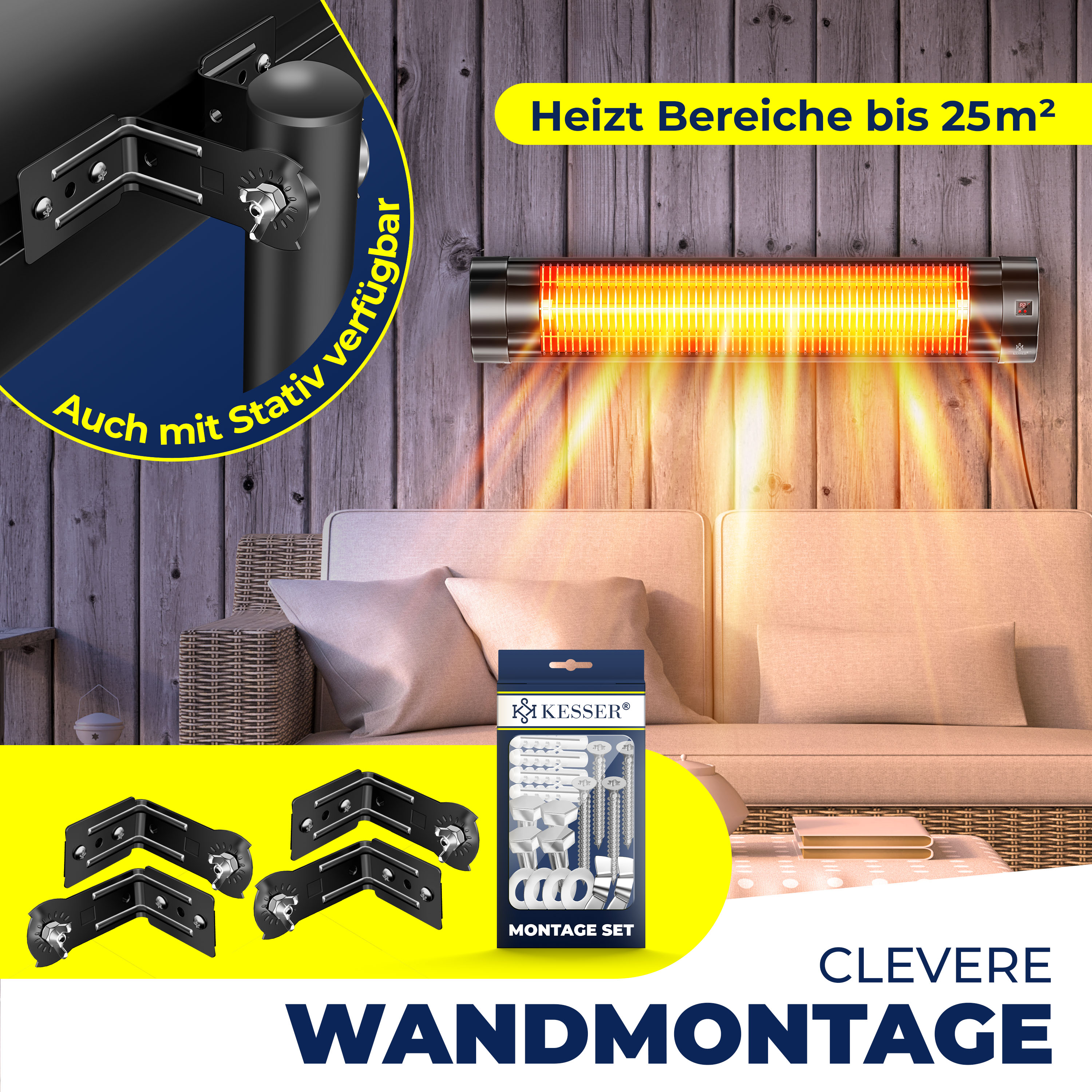 Wandheizer mit leuchtenden Heizelementen über einem Sofa, inklusive Montage-Set und Halterungen.