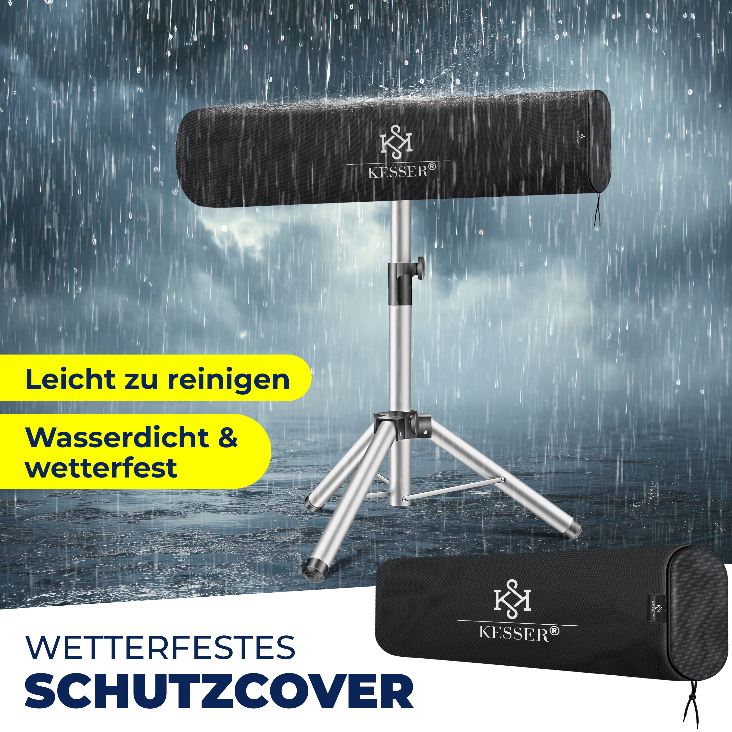 Wetterfeste, schwarze KESSER-Schutzhülle für Heizstrahler auf Stativ im Regen.