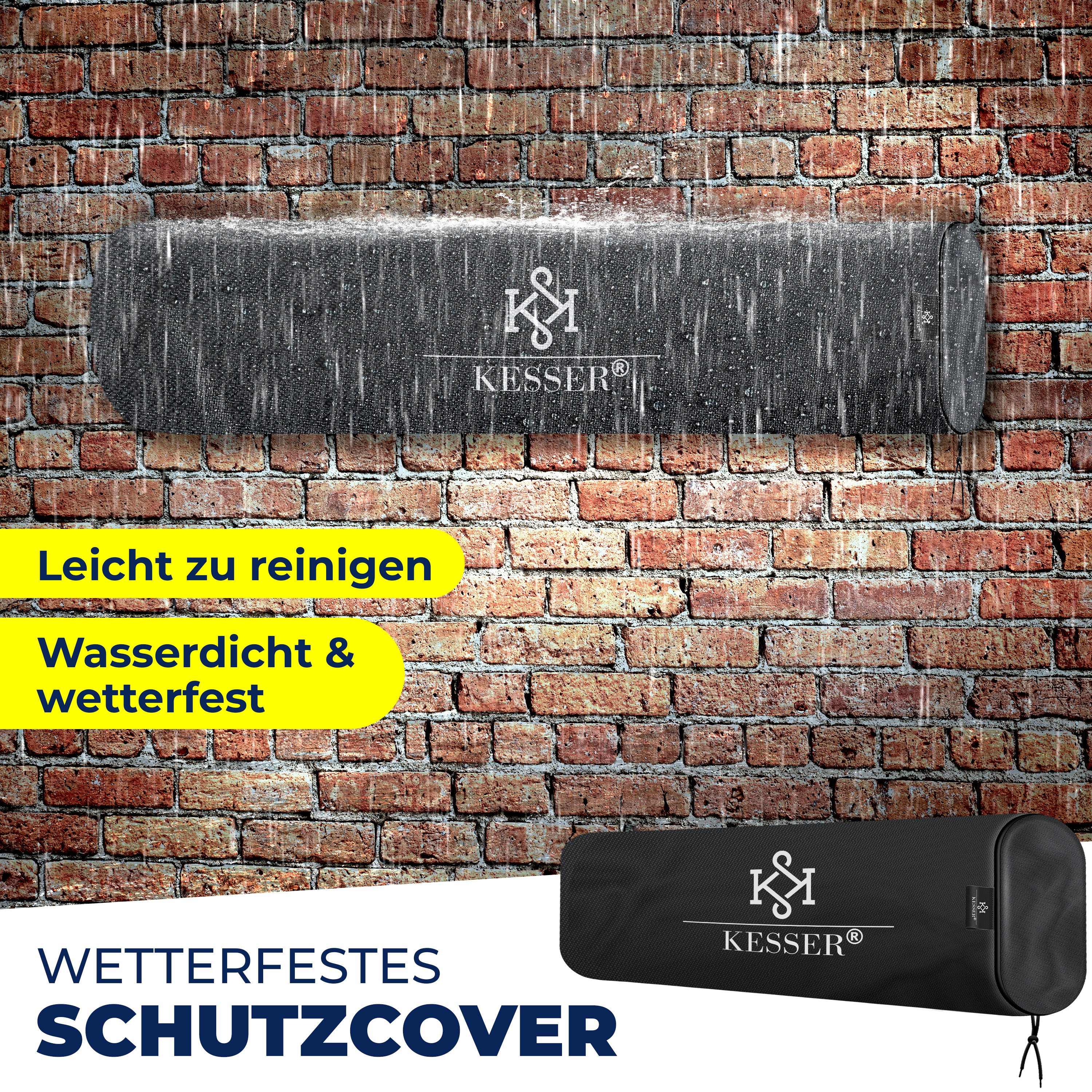 Wasserdichtes Schutzcover vor einer Backsteinwand im Regen mit Text.