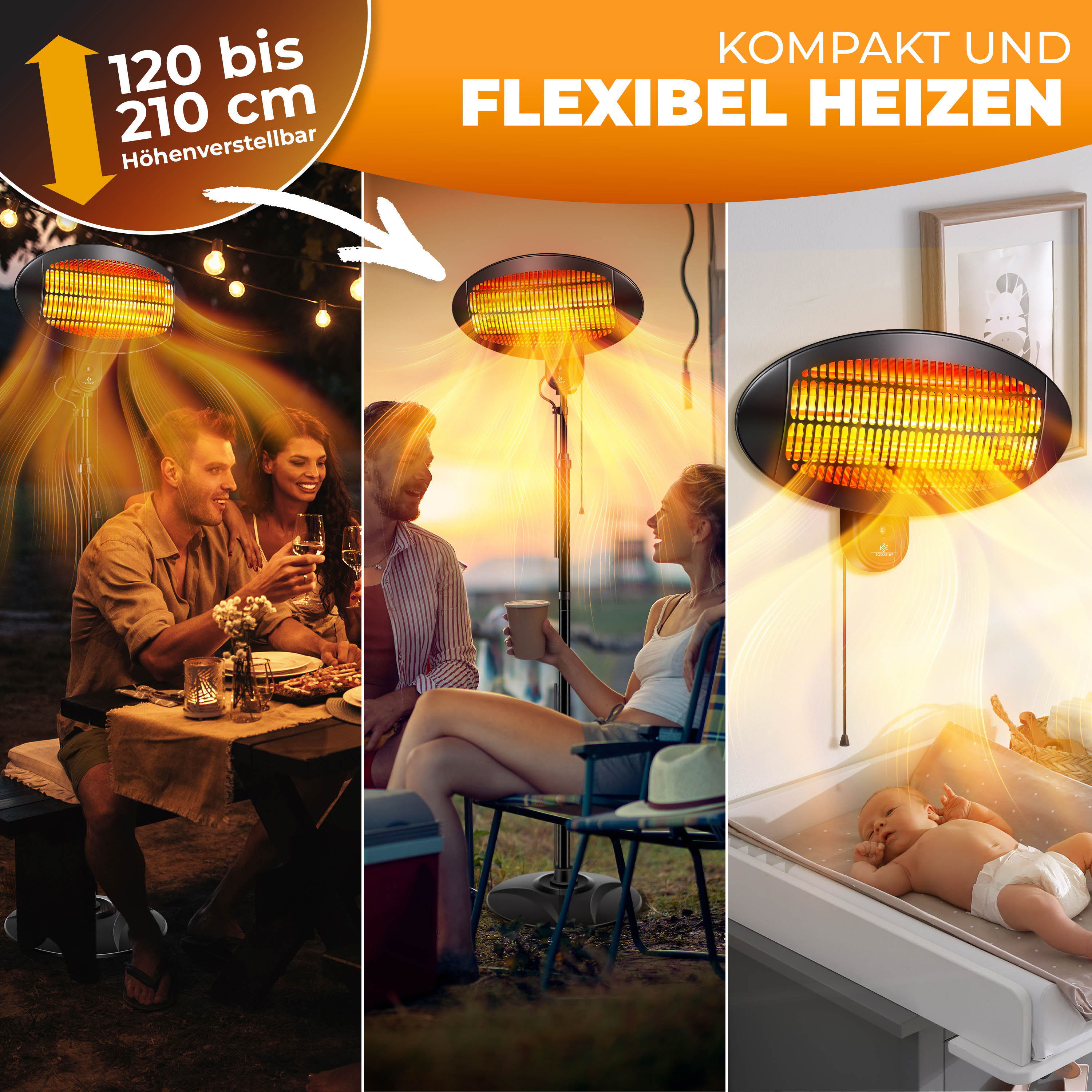 Ein höhenverstellbarer Infrarot-Heizstrahler wärmt Menschen draußen im Garten und ein Baby im Zimmer.