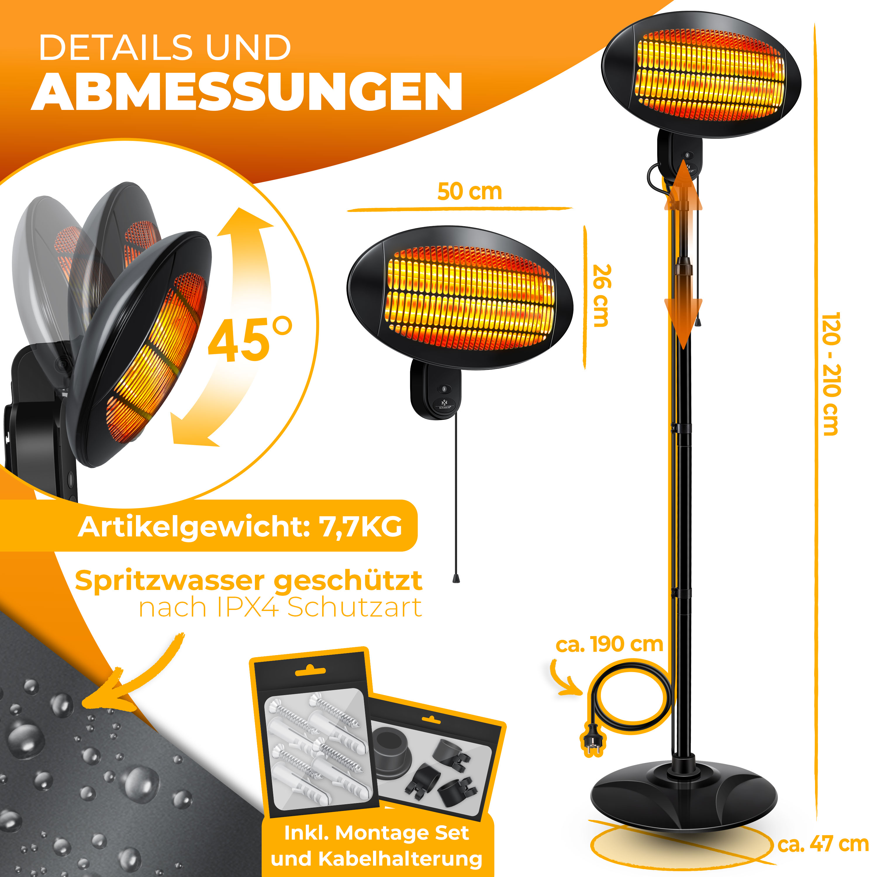 Infografik zeigt Maße, Neigungswinkel, Gewicht, Schutzart und Montagezubehör für einen Stand-Heizstrahler.