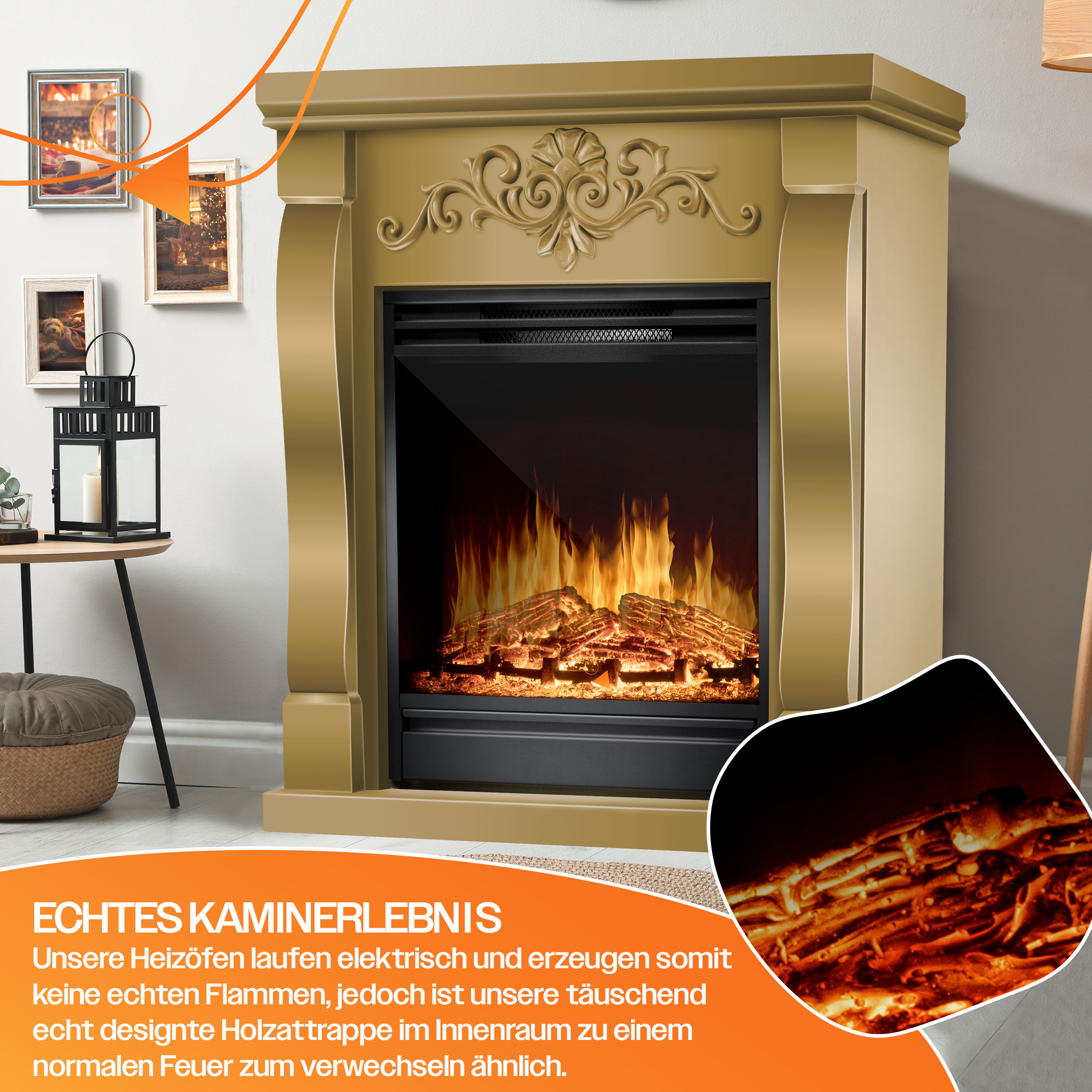 Goldener Elektrokamin mit realistischer Holzattrappe, integrierten Flammen und dekorativer Wand im Hintergrund.