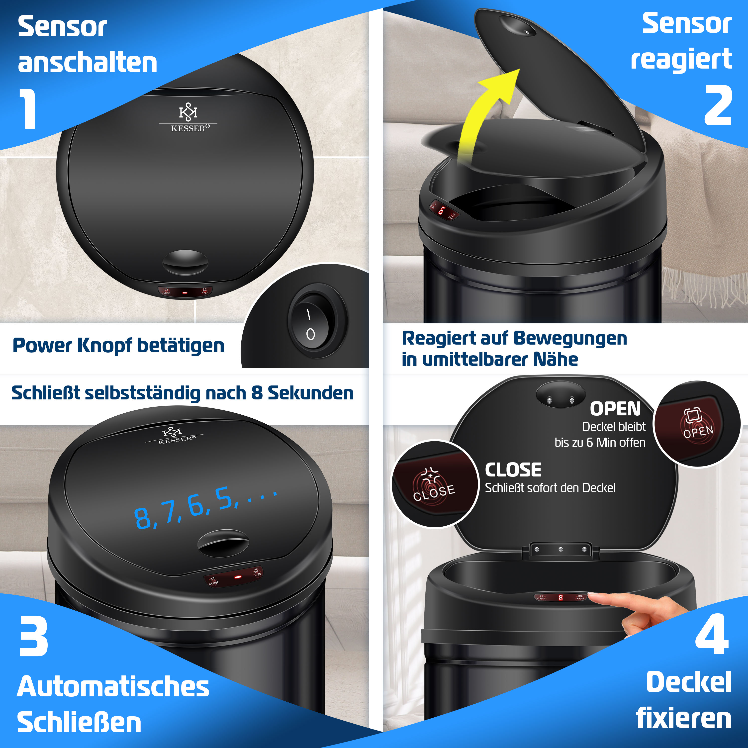 Vierteilige Anleitung zur Bedienung eines Kesser Automatik-Mülleimers mit Sensor, Countdown und Fixier-Funktionen.