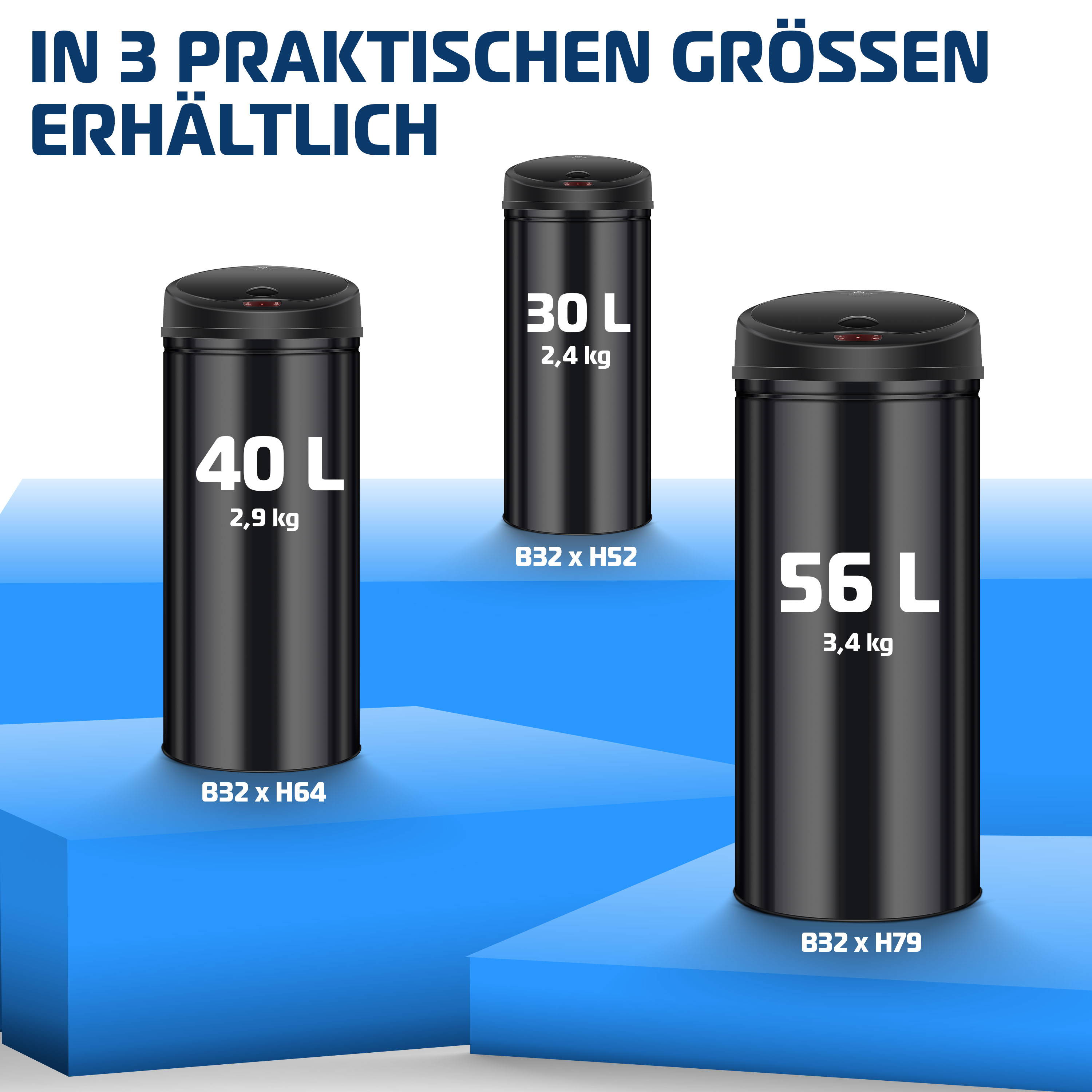 Drei schwarze Mülleimer in verschiedenen Größen auf blauen Podesten.
