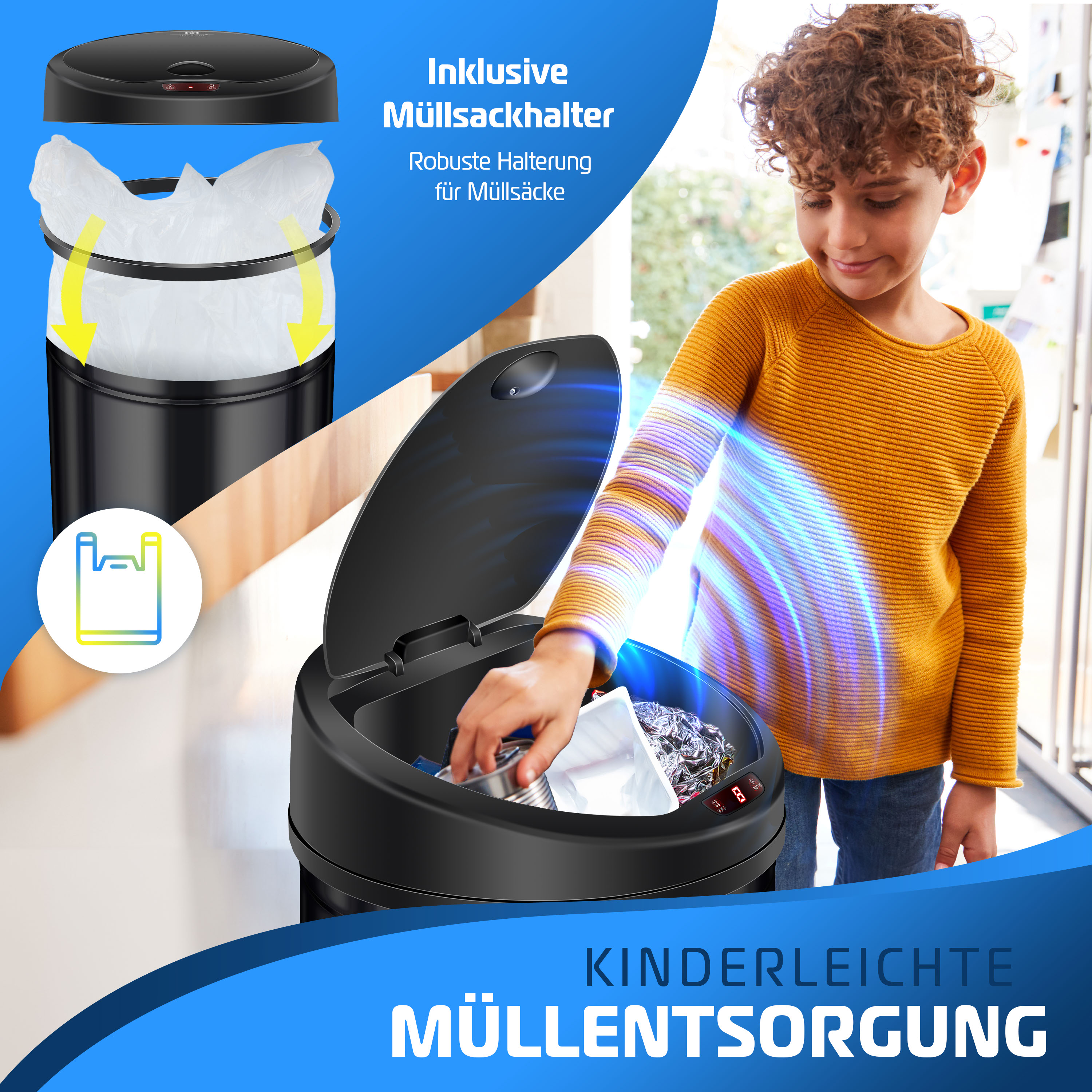 Ein Kind wirft Müll in einen automatischen schwarzen Mülleimer mit Sensor.