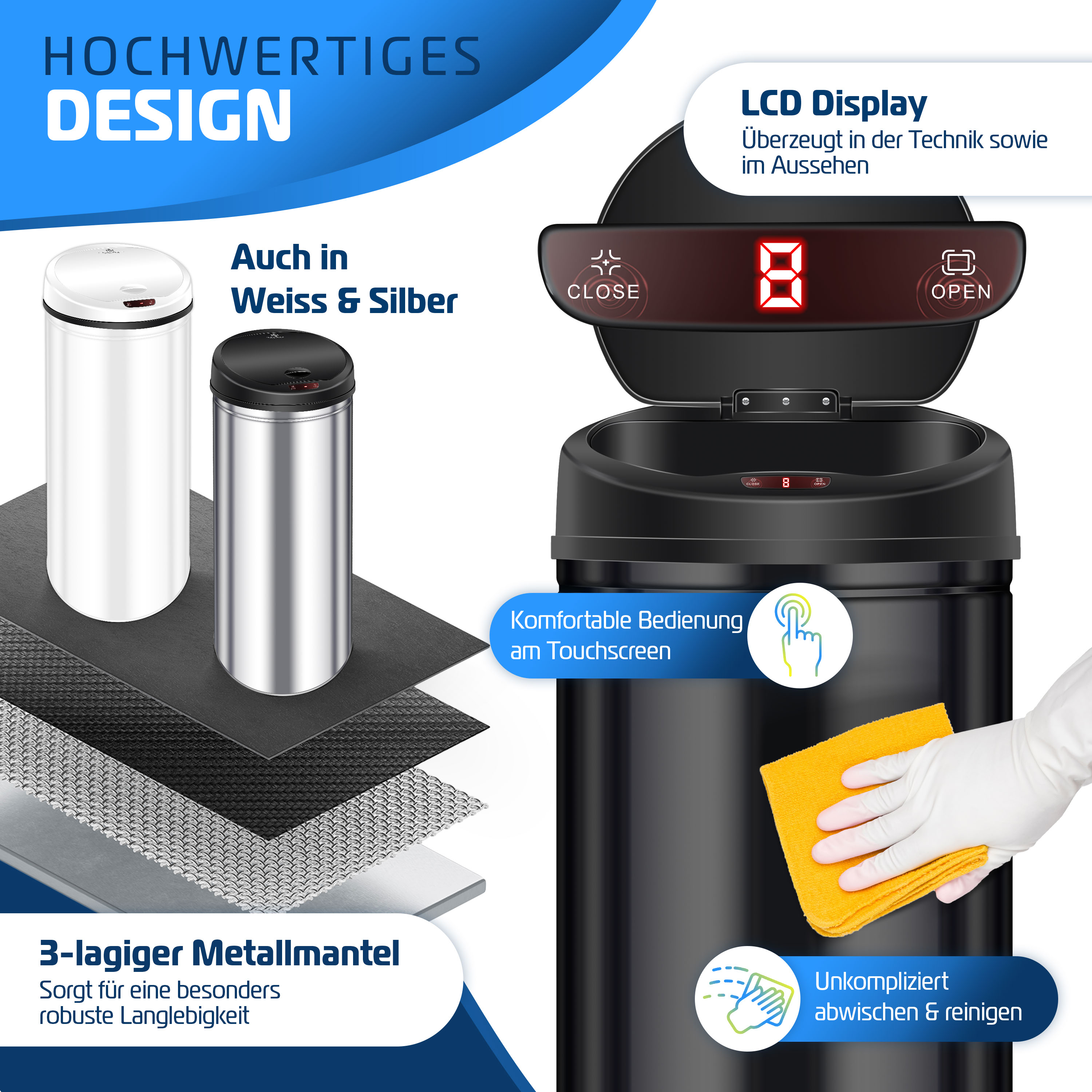 Moderne Muelleimer mit Touch-LCD-Display und dreilagigem Metallmantel für einfache Reinigung.