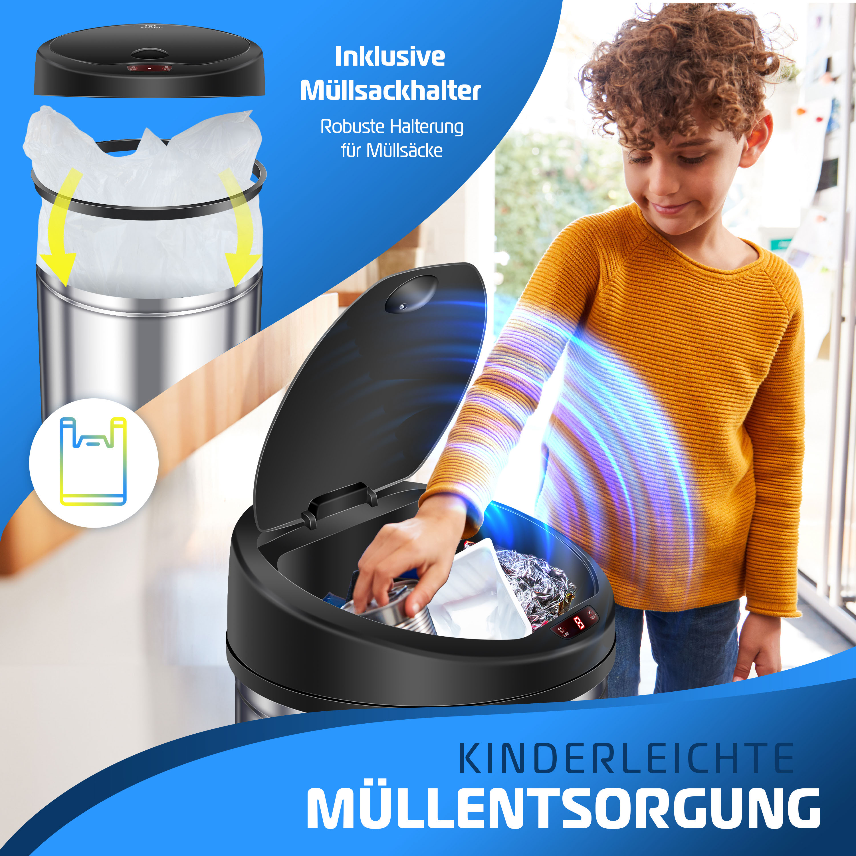 Ein Kind wirft Müll in einen automatischen Edelstahl-Mülleimer mit Infrarotsensor.