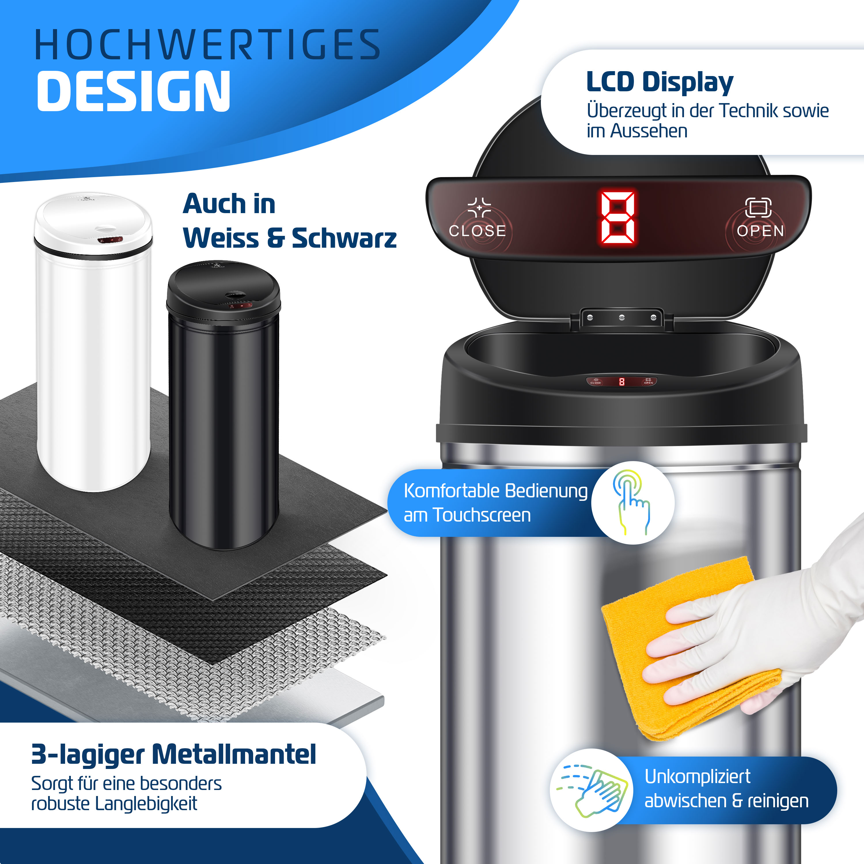 Edelstahl-Mülleimer mit LCD-Display, Touch-Bedienung, 3-lagigem Metallmantel und Reinigungsansicht.