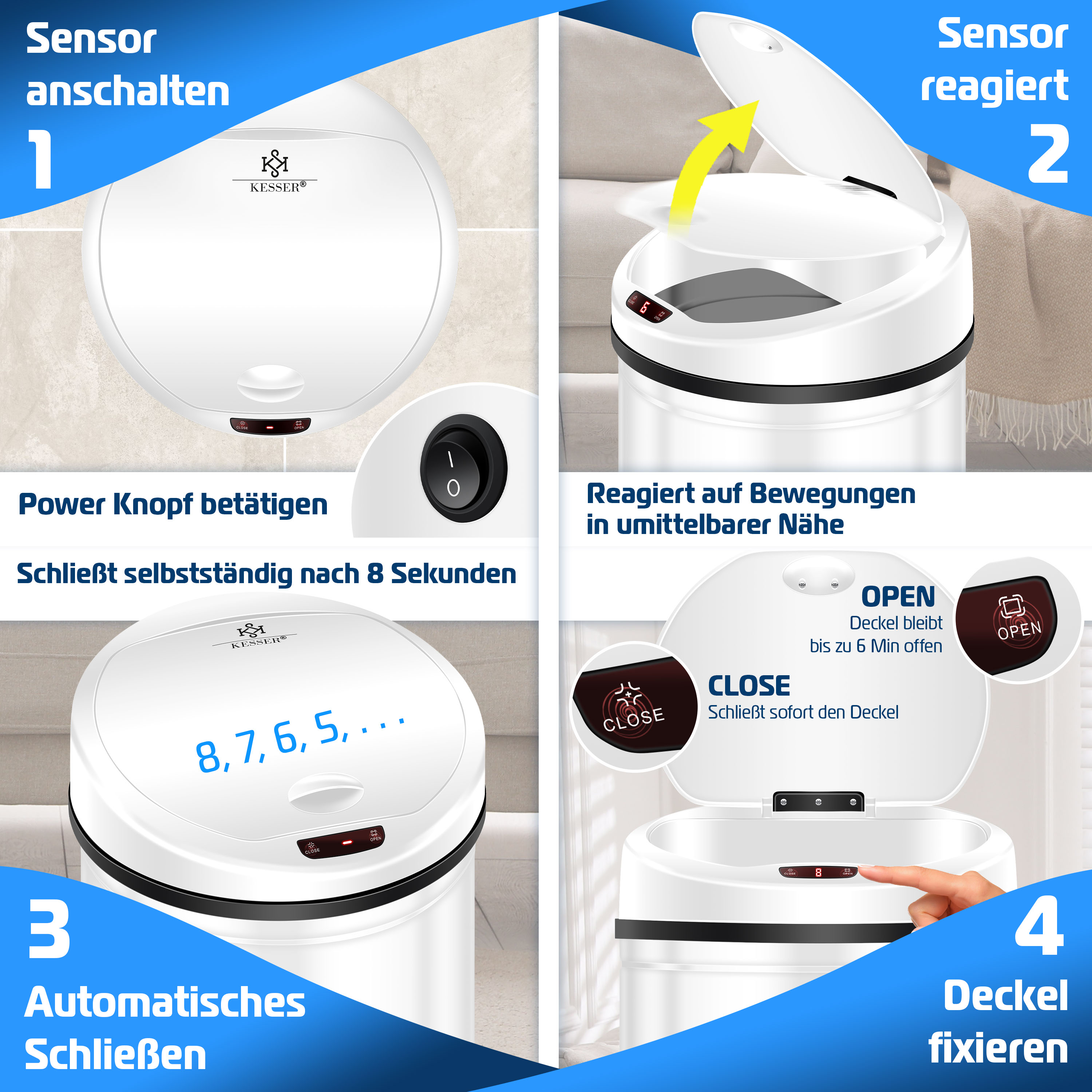 Vier Schritte zur Bedienung des automatischen Mülleimers mit Sensor und Knöpfen.