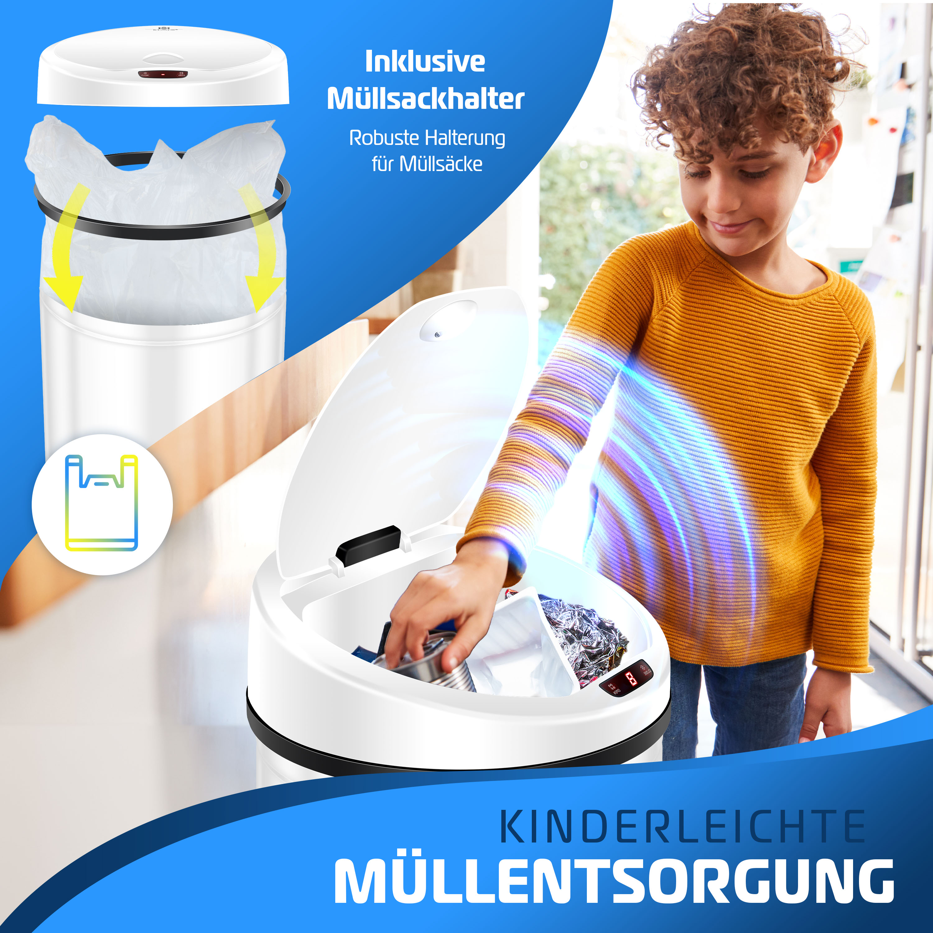 Ein Junge wirft Müll in einen automatischen Sensor-Mülleimer, während eine Grafik den Müllsackhalter zeigt.
