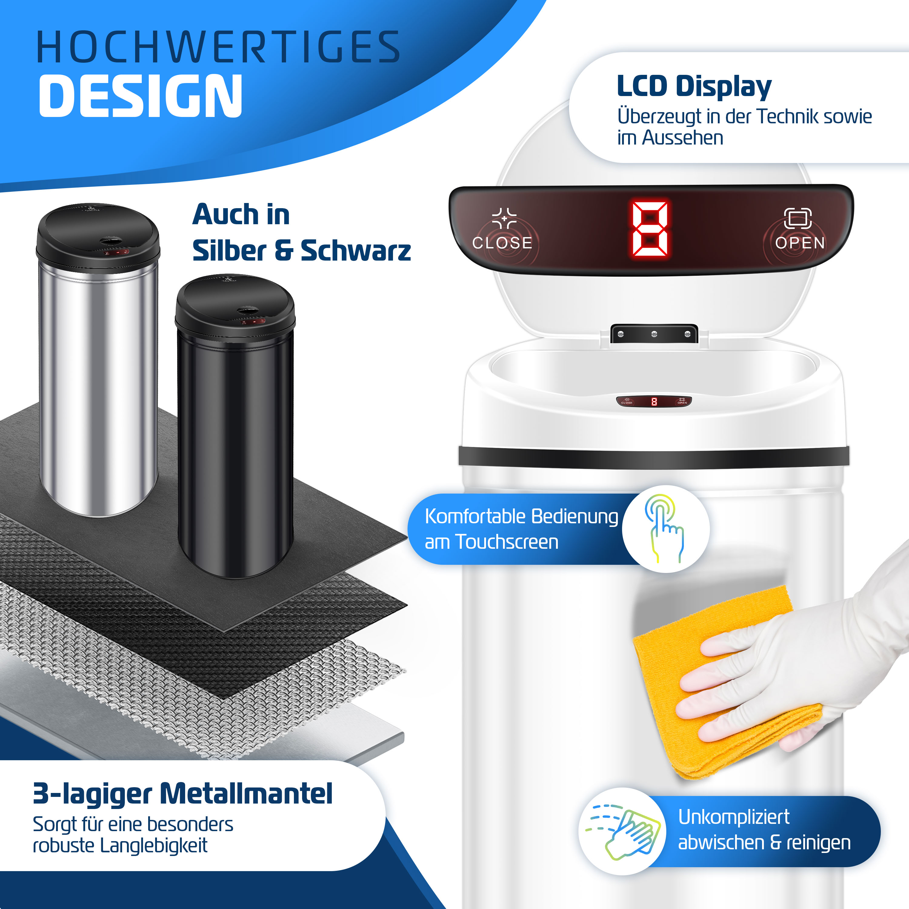 Werbung für einen berührungslosen Mülleimer mit LCD-Display, Metallgehäuse und leichter Reinigung.