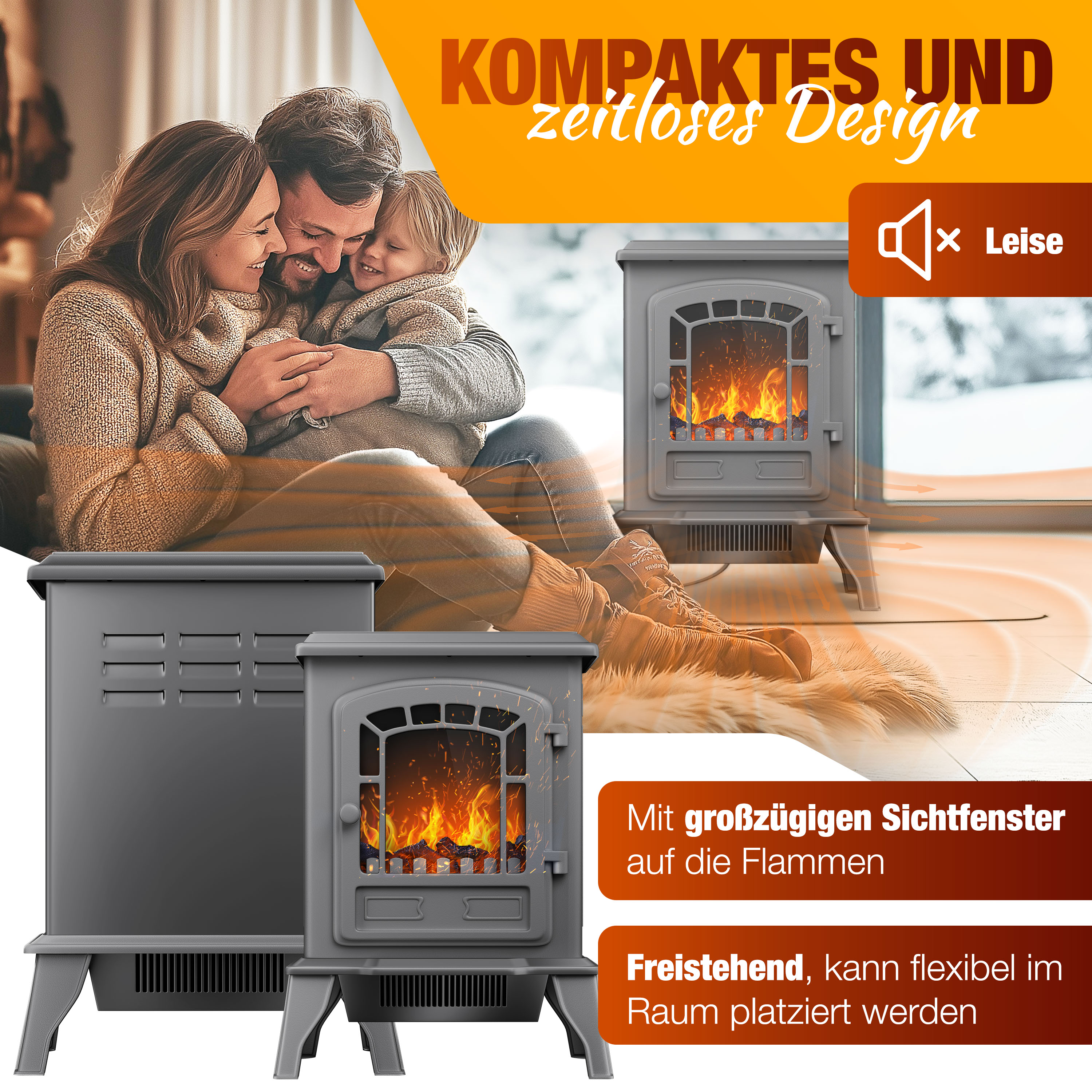 Eine Familie sitzt gemütlich vor einem modernen Kamin, der für wohlige Wärme sorgt.