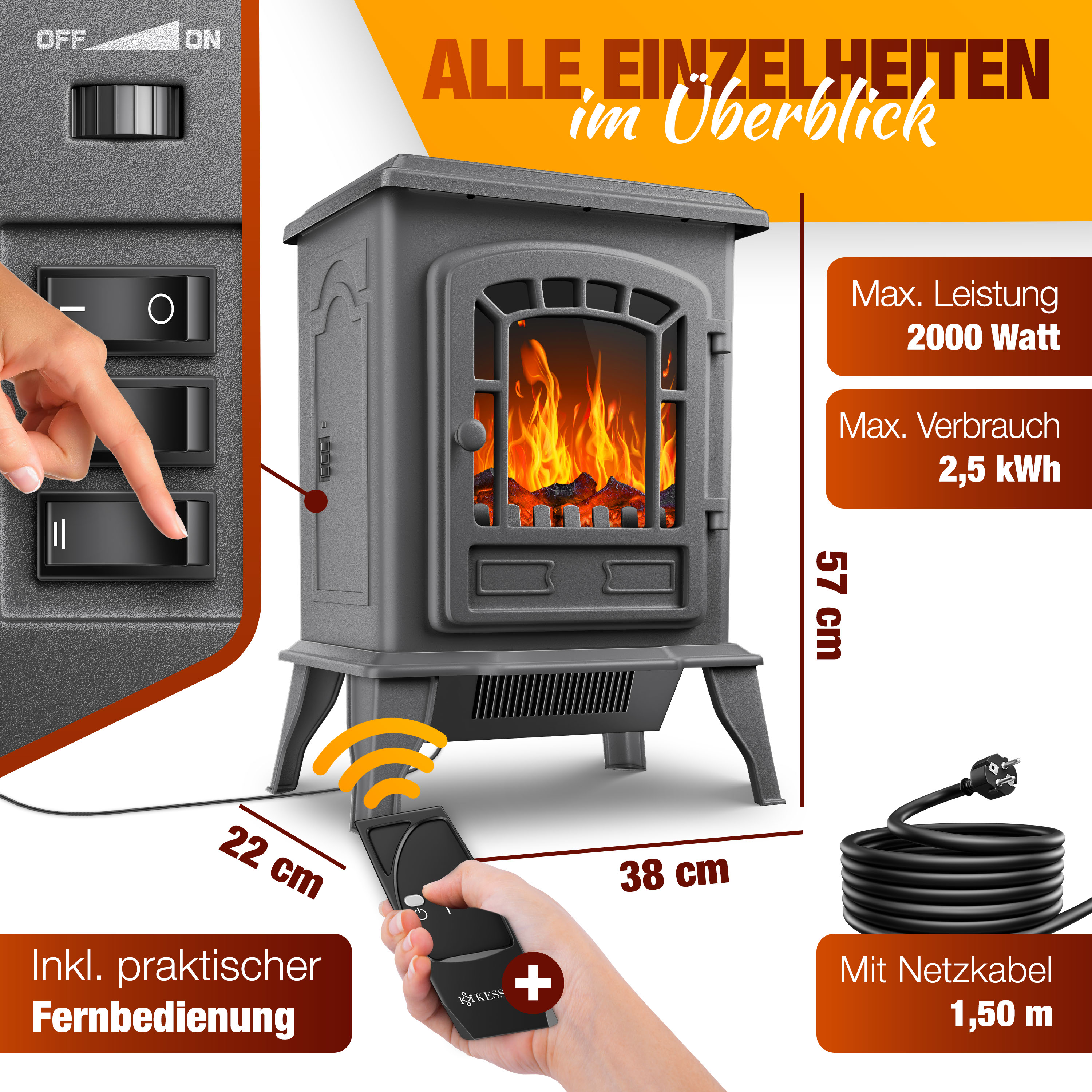 Schwarzer Elektroofen mit simuliertem Feuer, Fernbedienung, Maßen, Steckern und technischen Daten.