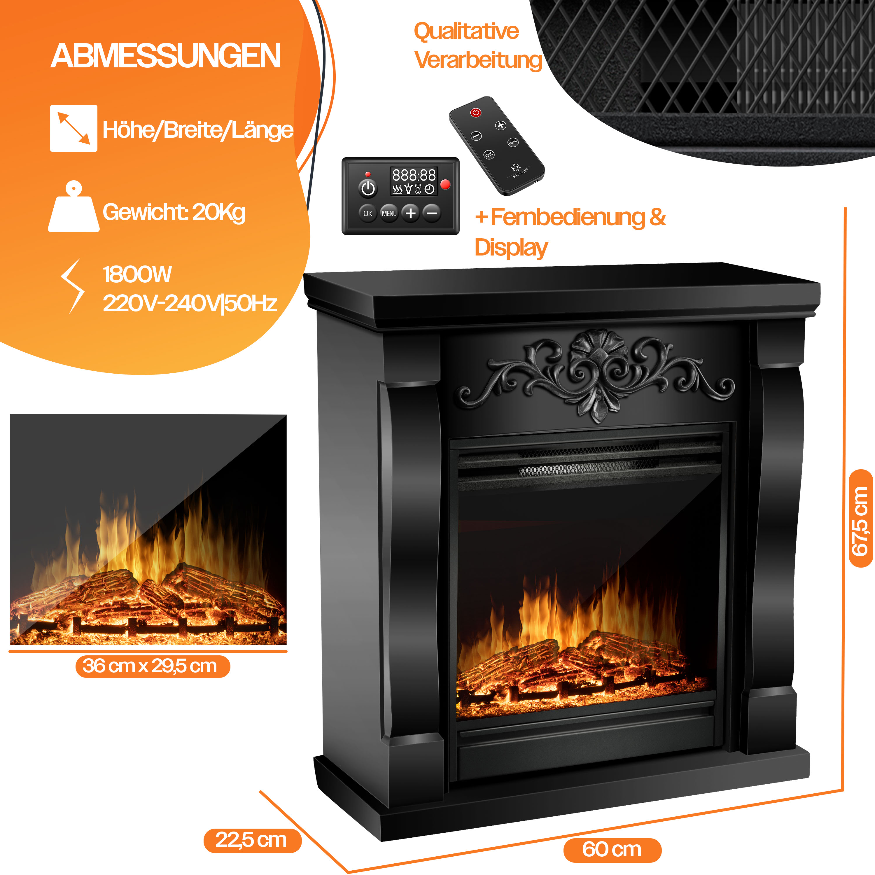 Schwarzer elektrischer Kamin mit Abmessungen, Fernbedienung und Display auf orange-weißem Hintergrund.