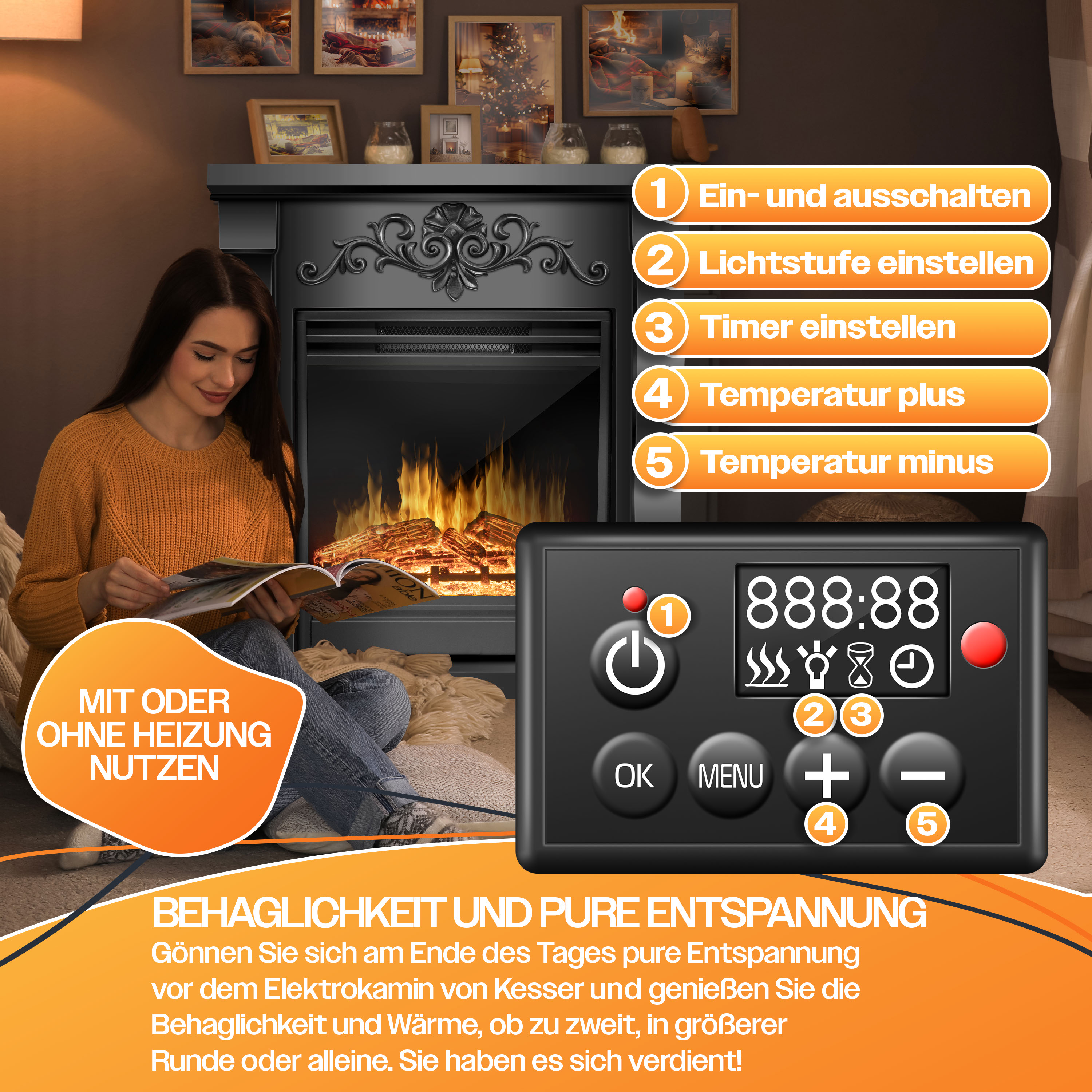 Eine Frau liest vor einem Kamin eine Zeitschrift, daneben eine nummerierte Fernbedienung.