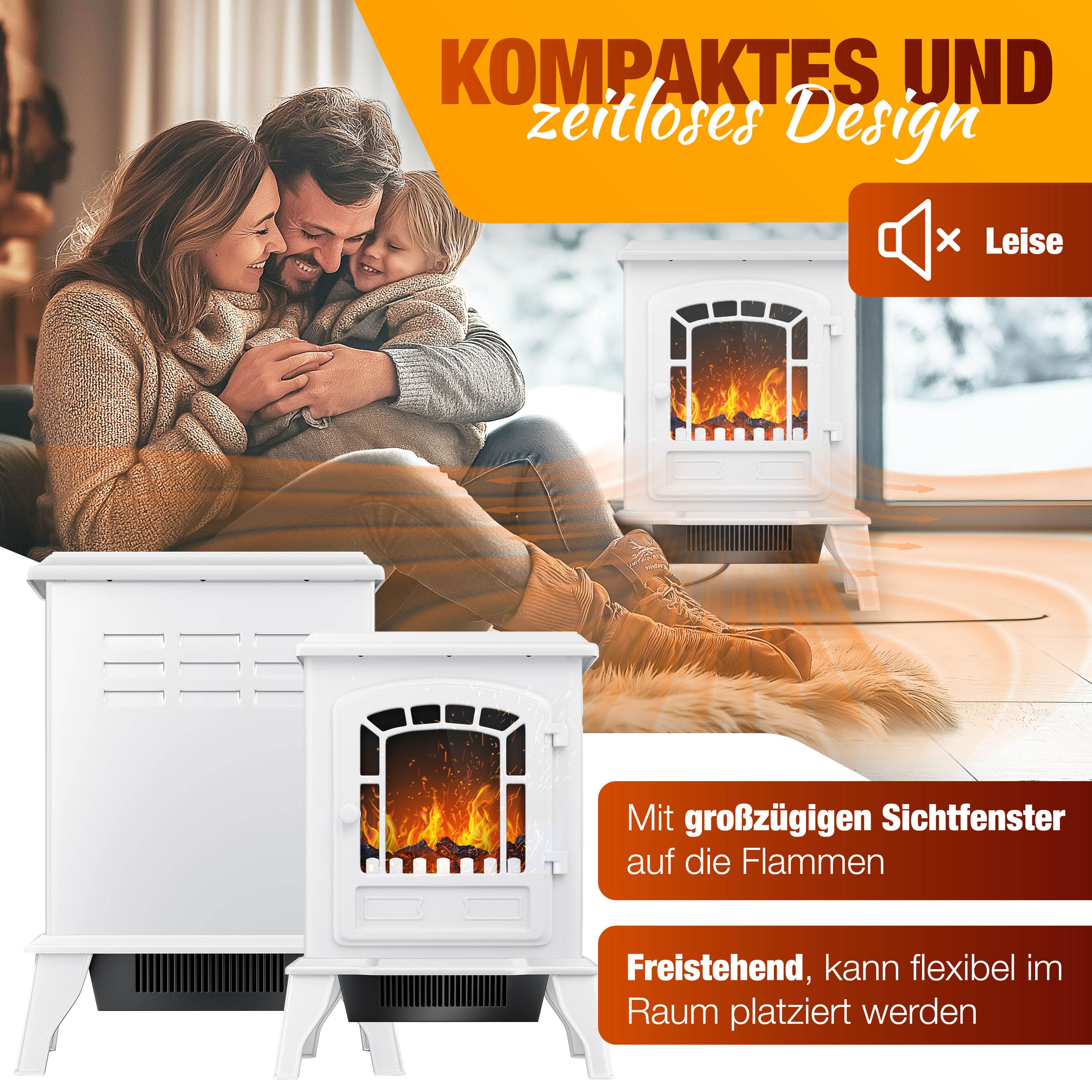 Eine Familie umarmt sich vor einem Kamin. Zwei weiße Kaminmodelle und Werbetexte sind zu sehen.