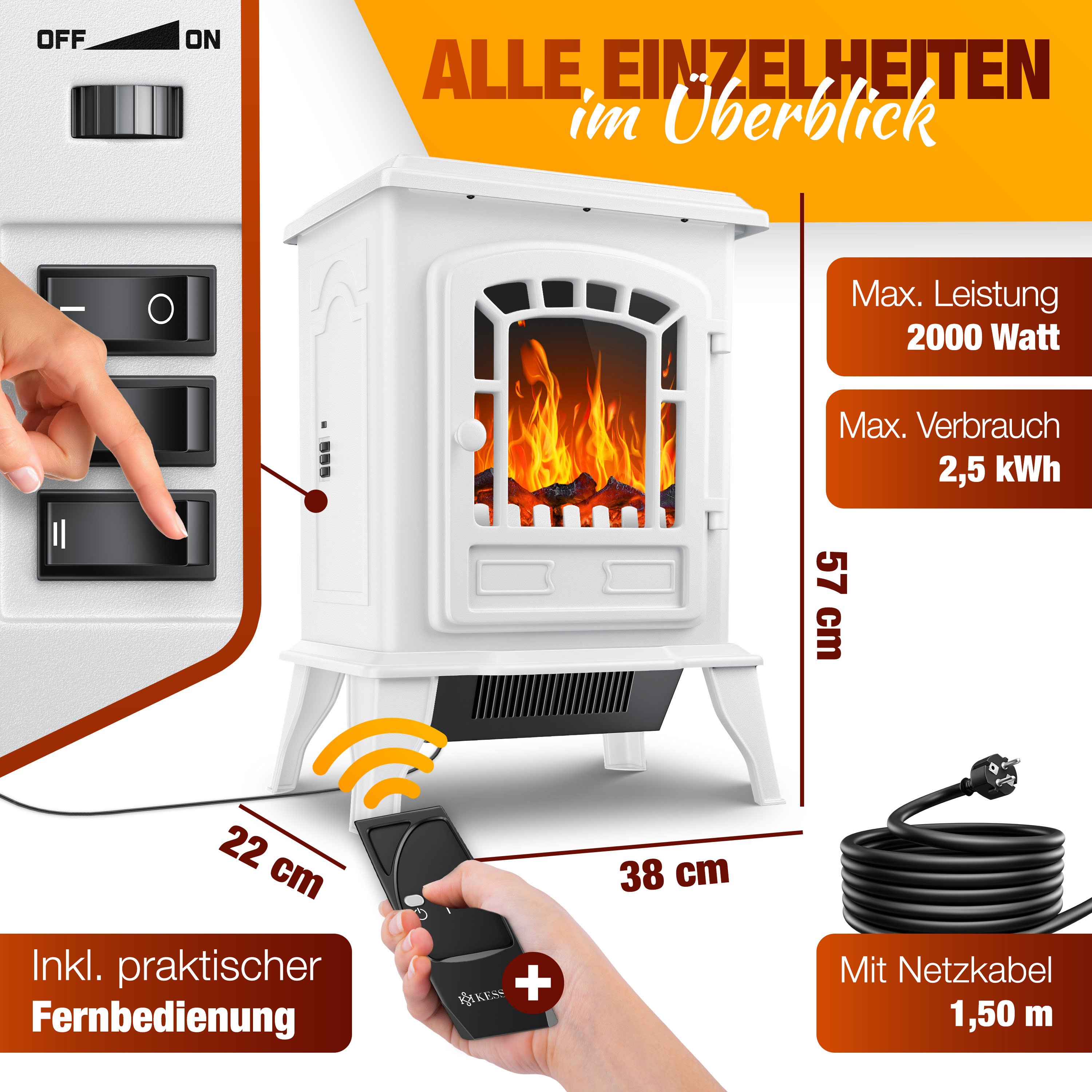 Weisser Elektrokamin mit Fernbedienung, Maßen und technischen Daten.