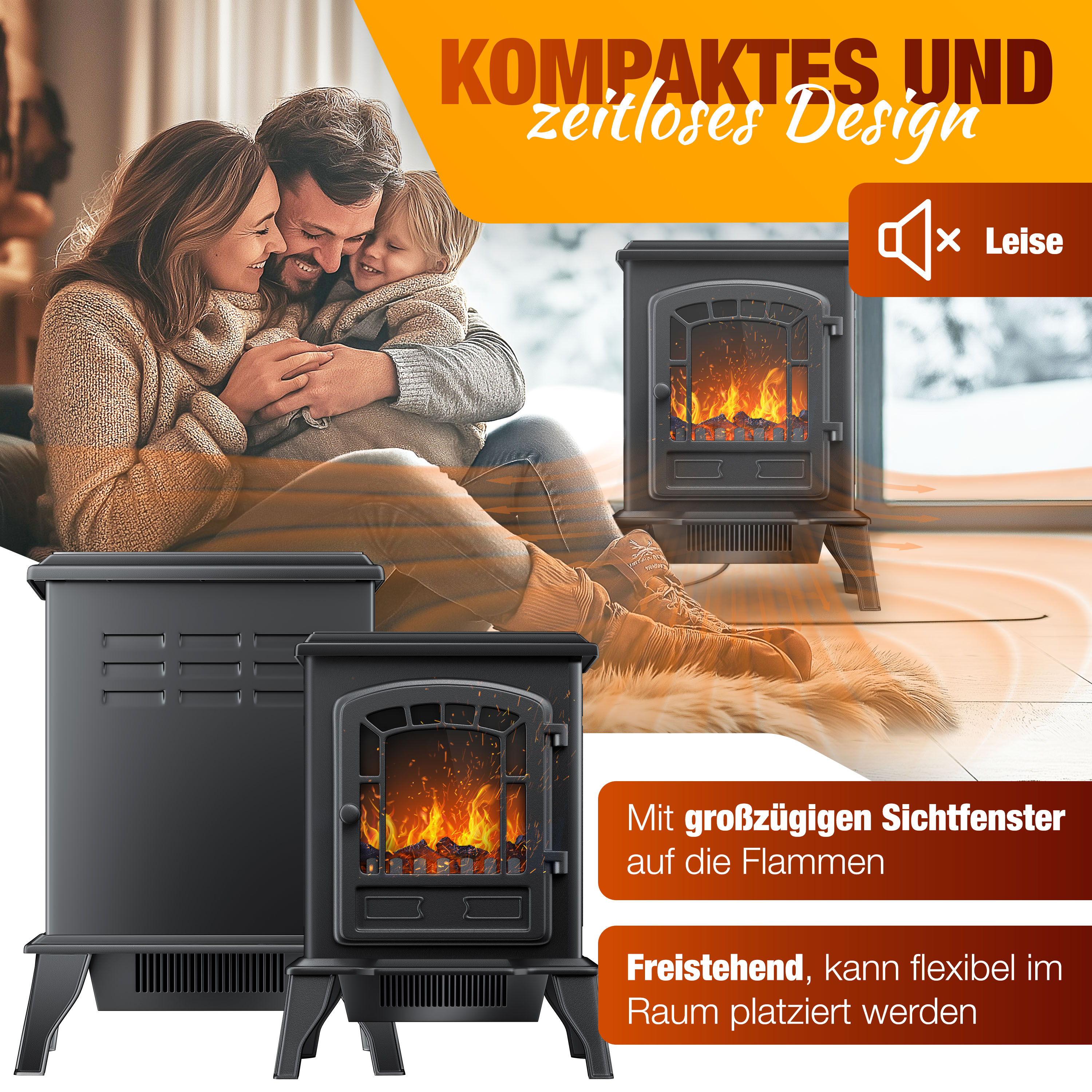 Eine Familie sitzt gemütlich vor zwei schwarzen Kaminöfen mit realistischem Flammeneffekt.