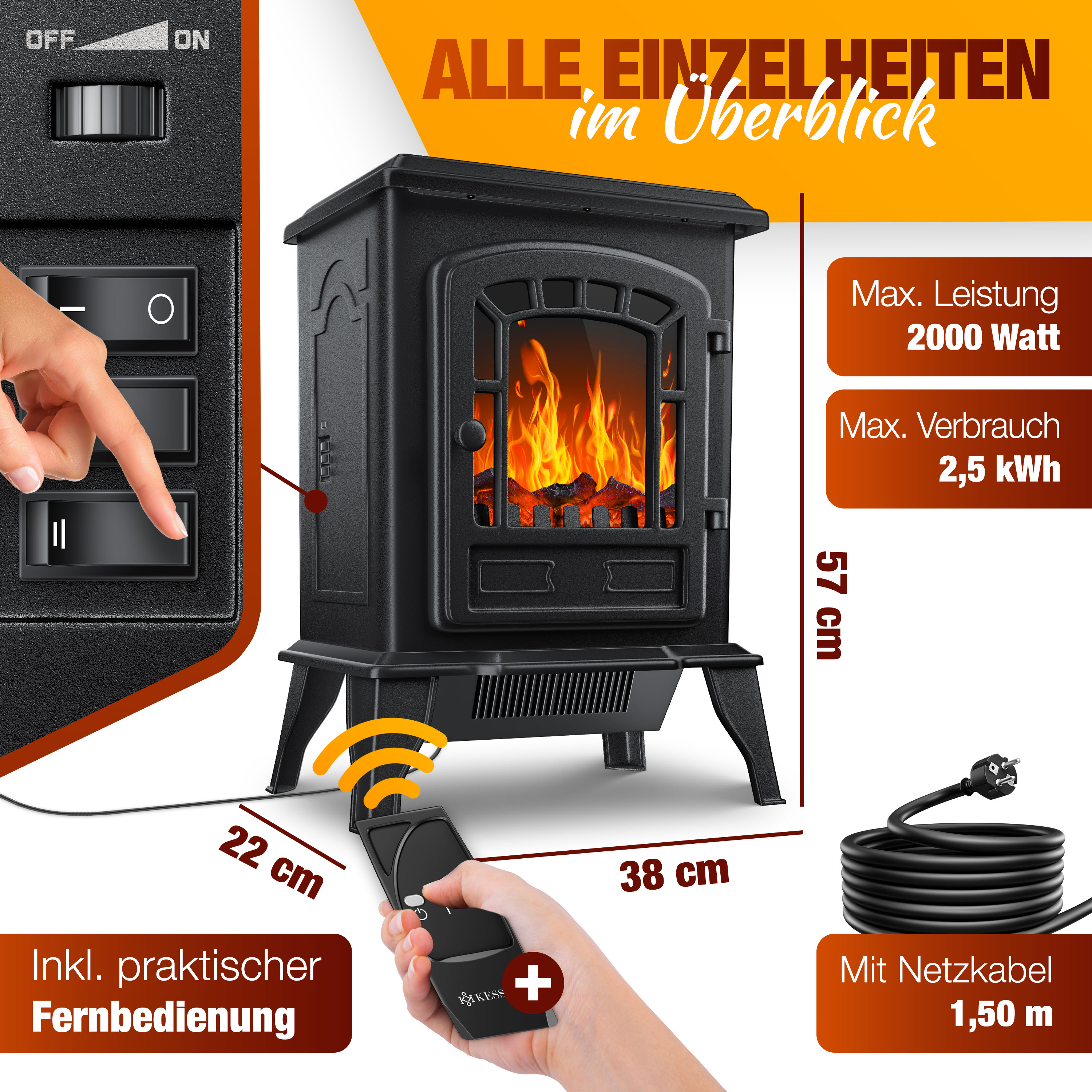 Schwarzer elektrischer Kamin mit Flammeneffekt, Fernbedienung, Maßen und technischen Daten.