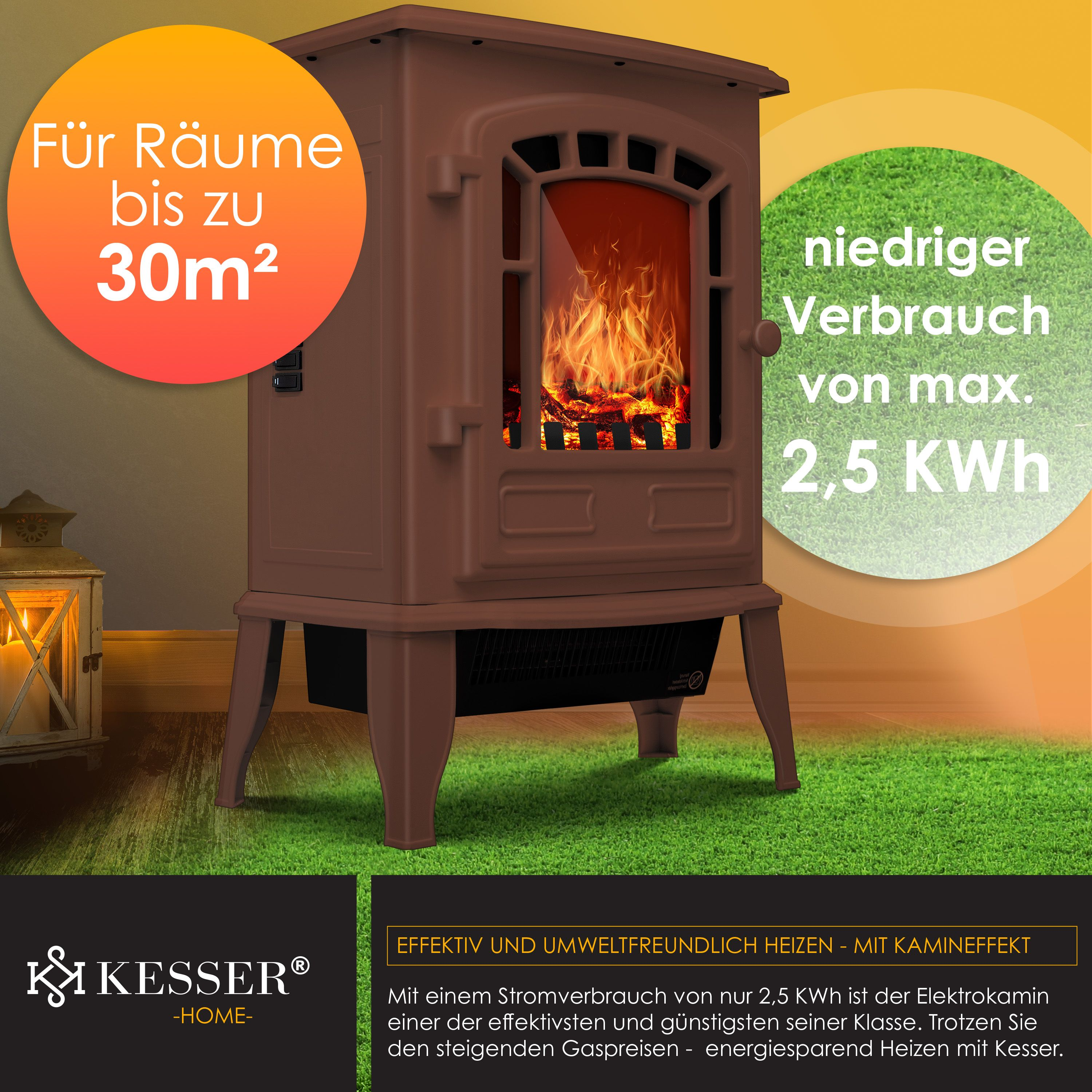 Brauner elektrischer Kamin von Kesser mit Flammeneffekt, stehend auf grünem Rasen vor gelbem Hintergrund.