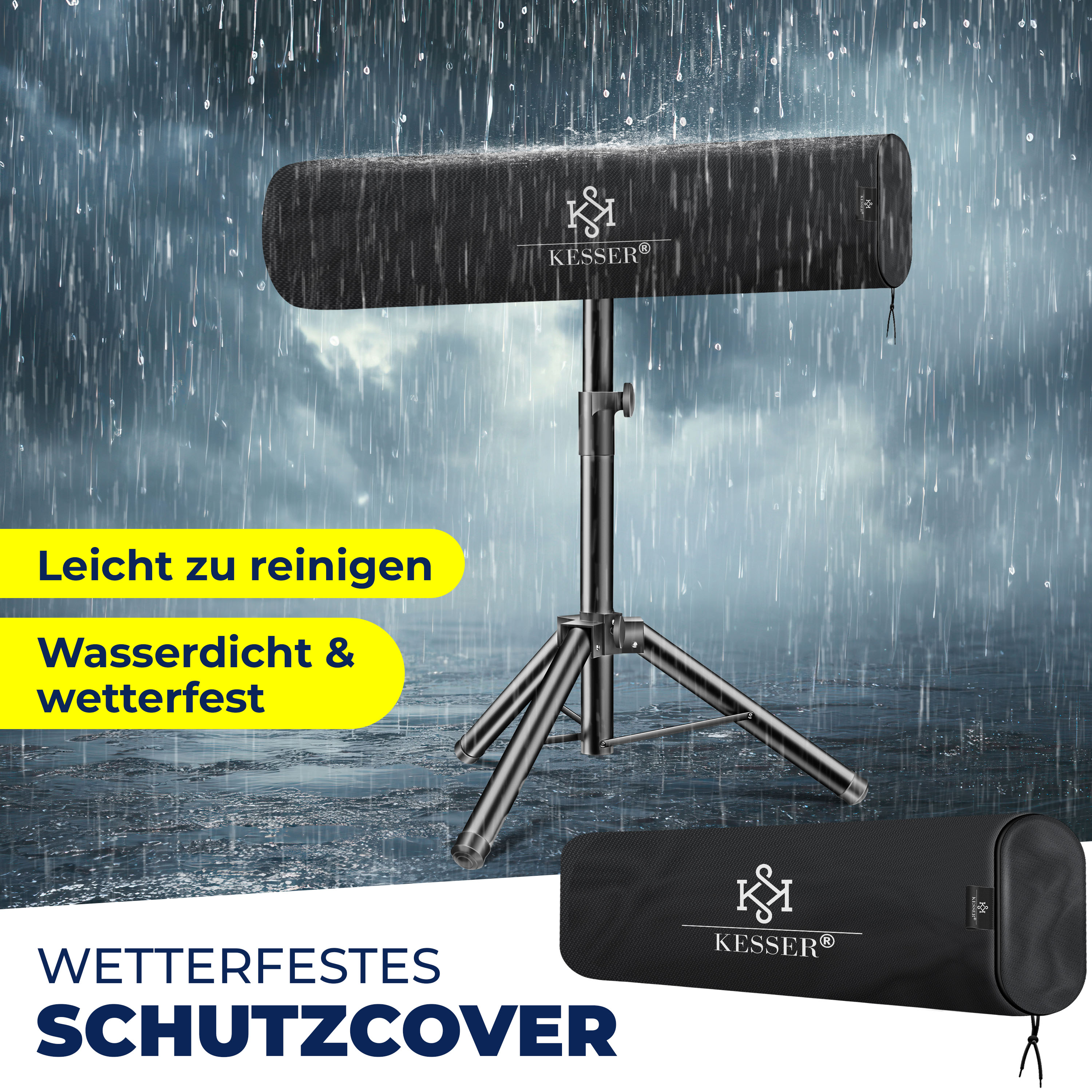 Wasserdichte Kesser Schutzhülle auf einem Stativ im Regen.
