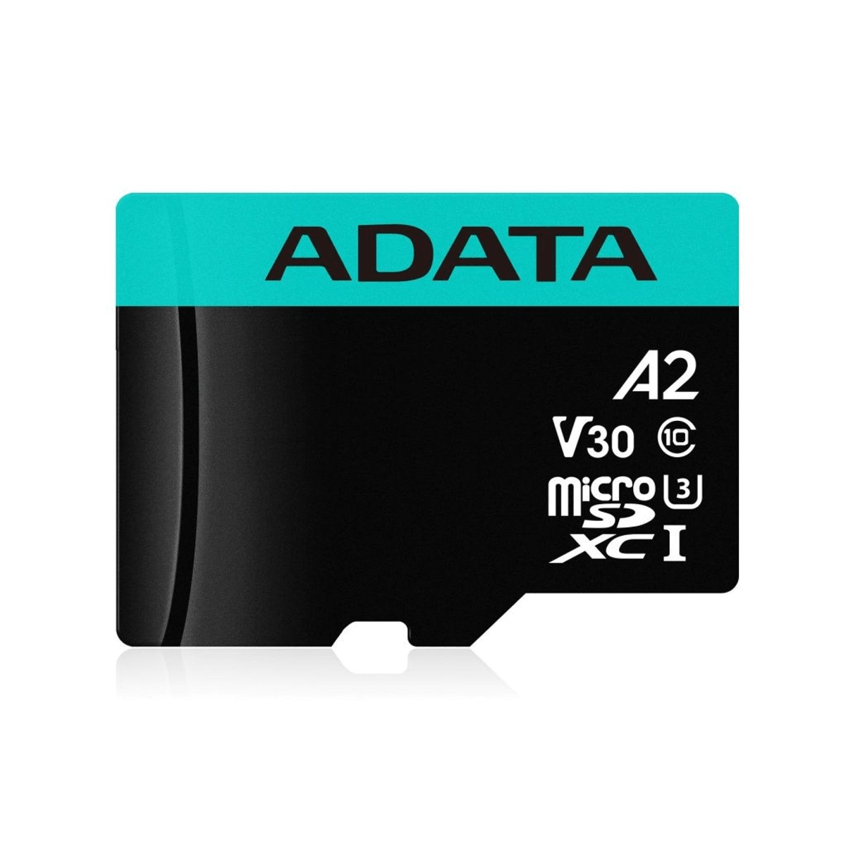 Una tarjeta de memoria microSDXC ADATA negra y turquesa con etiquetas A2, V30 y XC I.