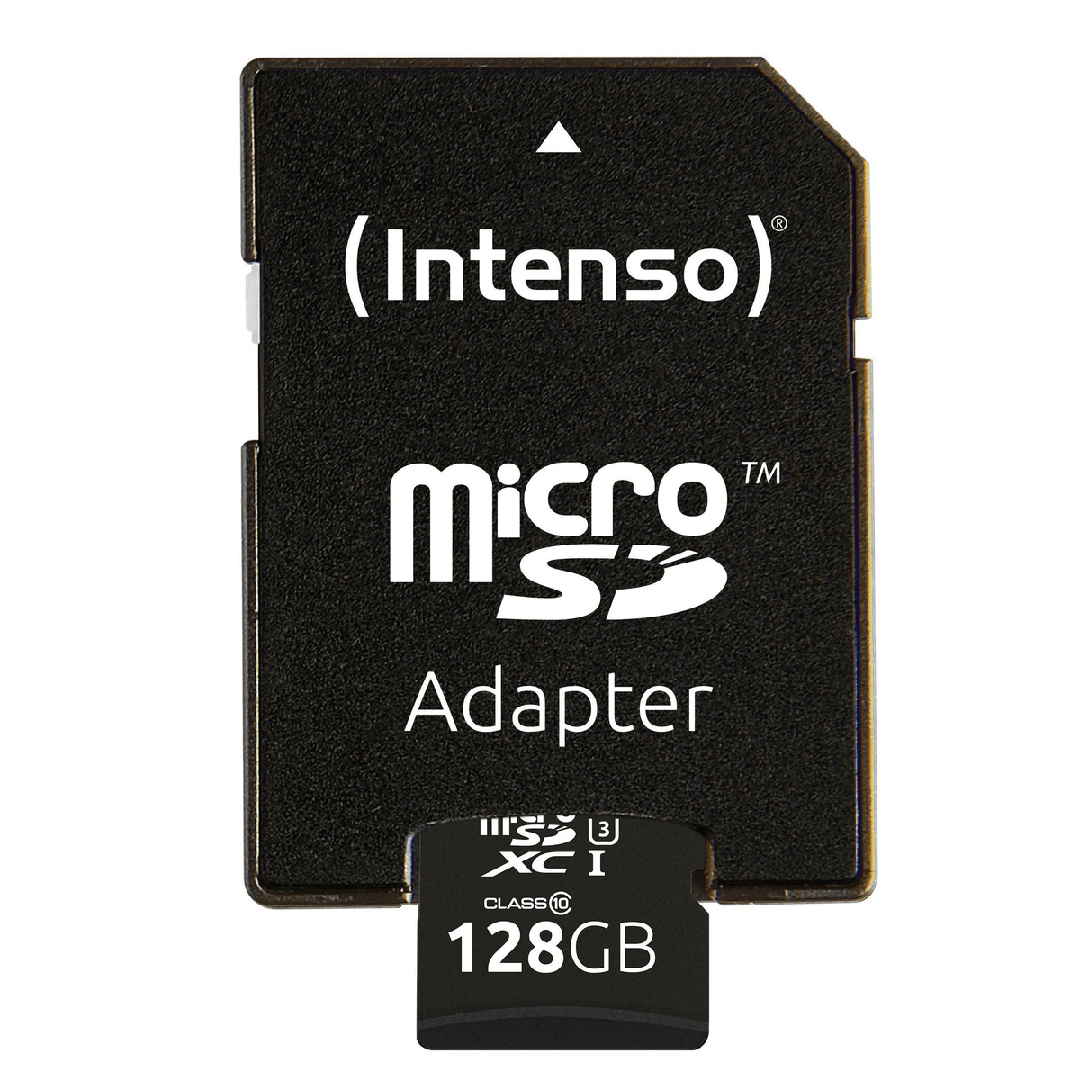 Adaptador Micro SD Intenso con tarjeta de memoria Micro SDXC de 128 GB insertada.