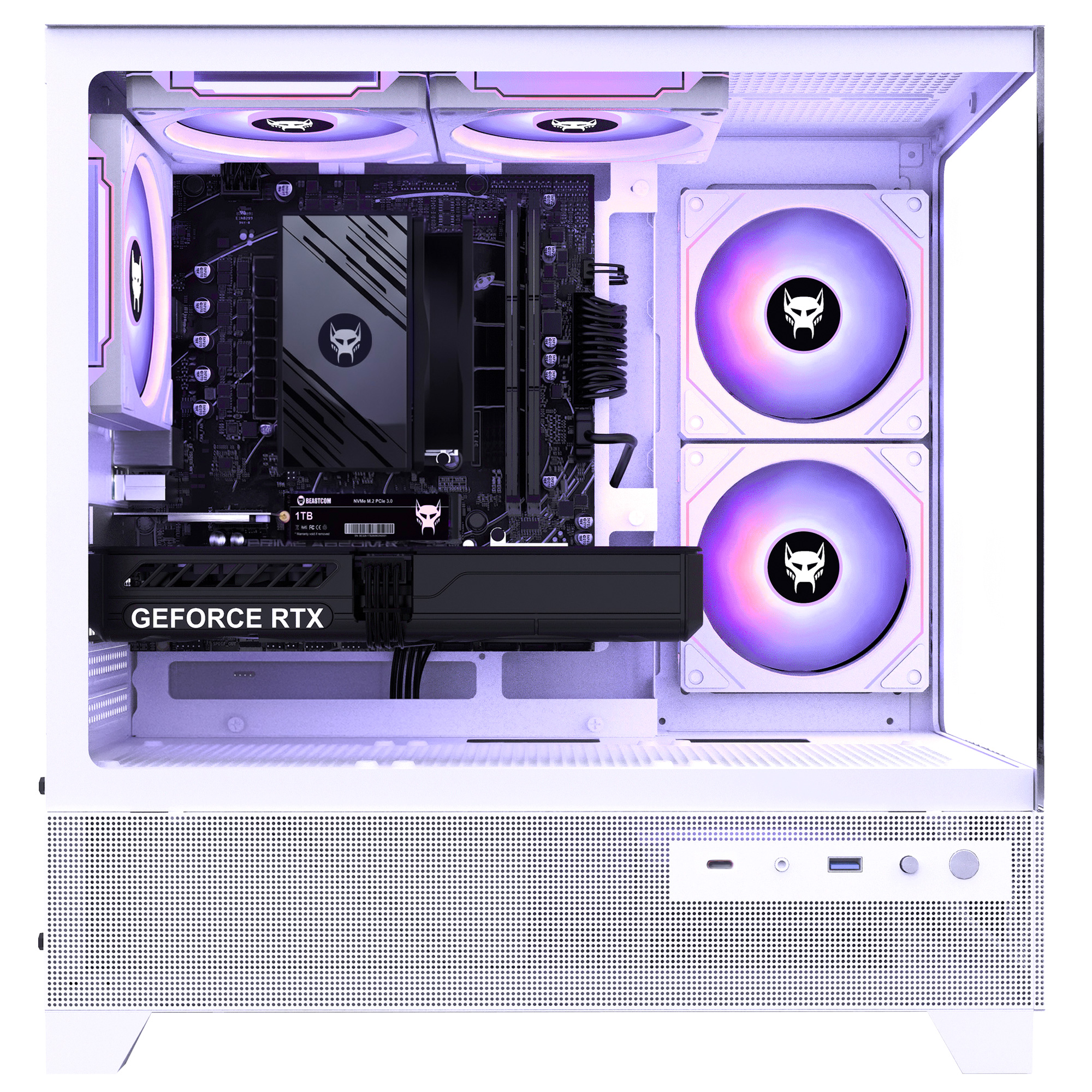 Weißer PC-Tower mit beleuchteten Lüftern, Grafikkarte und Mainboard im Inneren.