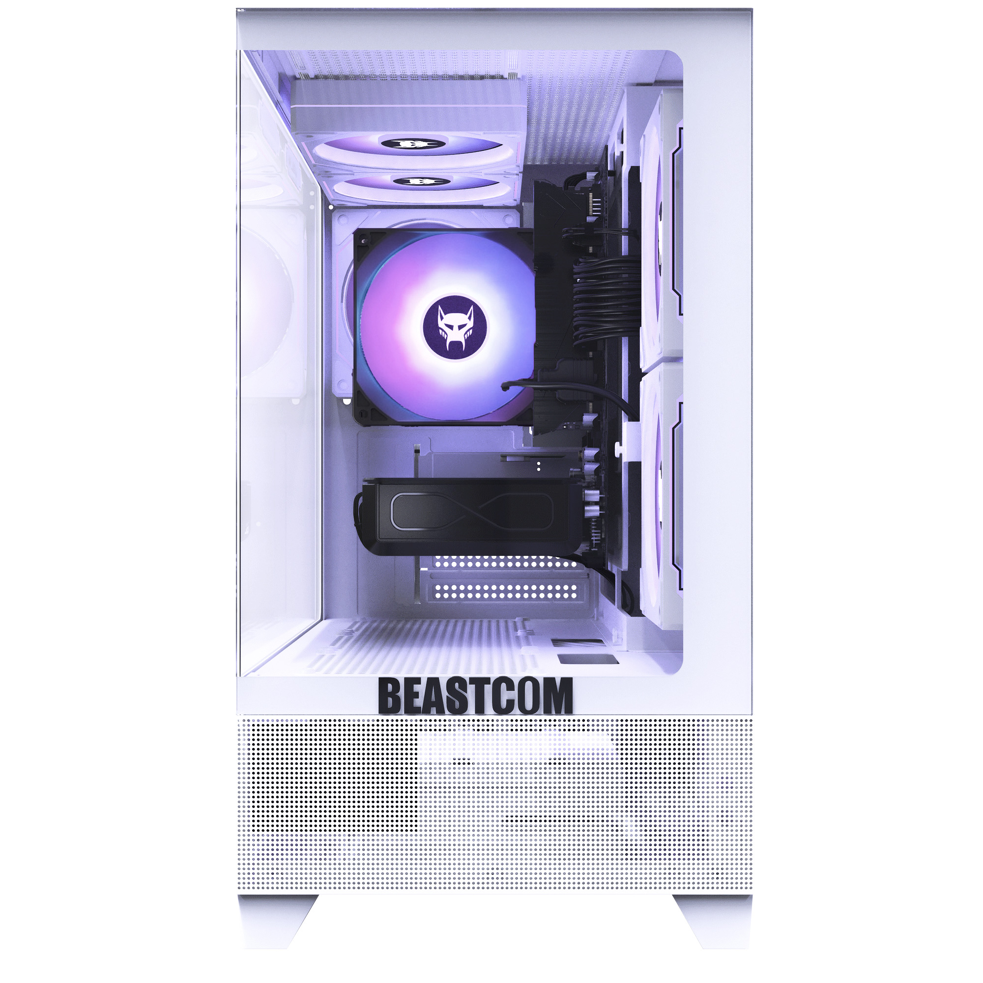 Ein weißer PC-Turm mit beleuchteten Lüftern, schwarzen Komponenten und dem Schriftzug BEASTCOM.