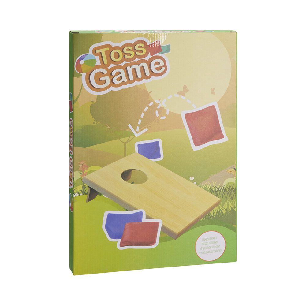 Scatola di gioco di lancio con tavola di legno e sacchetti colorati.