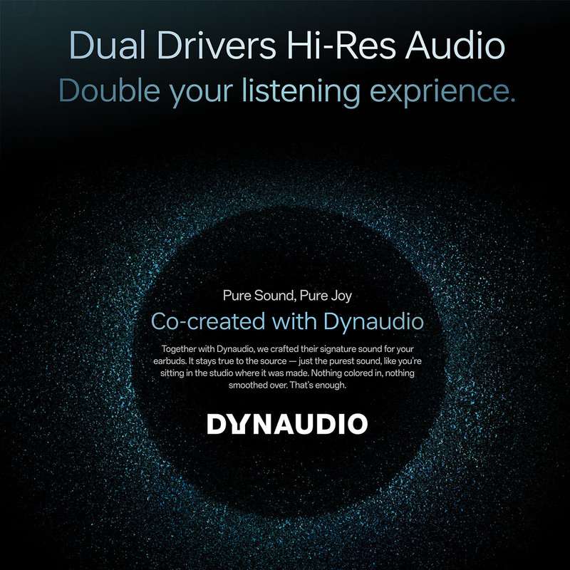 Werbebild für Dual Drivers Hi-Res Audio in Zusammenarbeit mit Dynaudio auf dunklem Hintergrund.