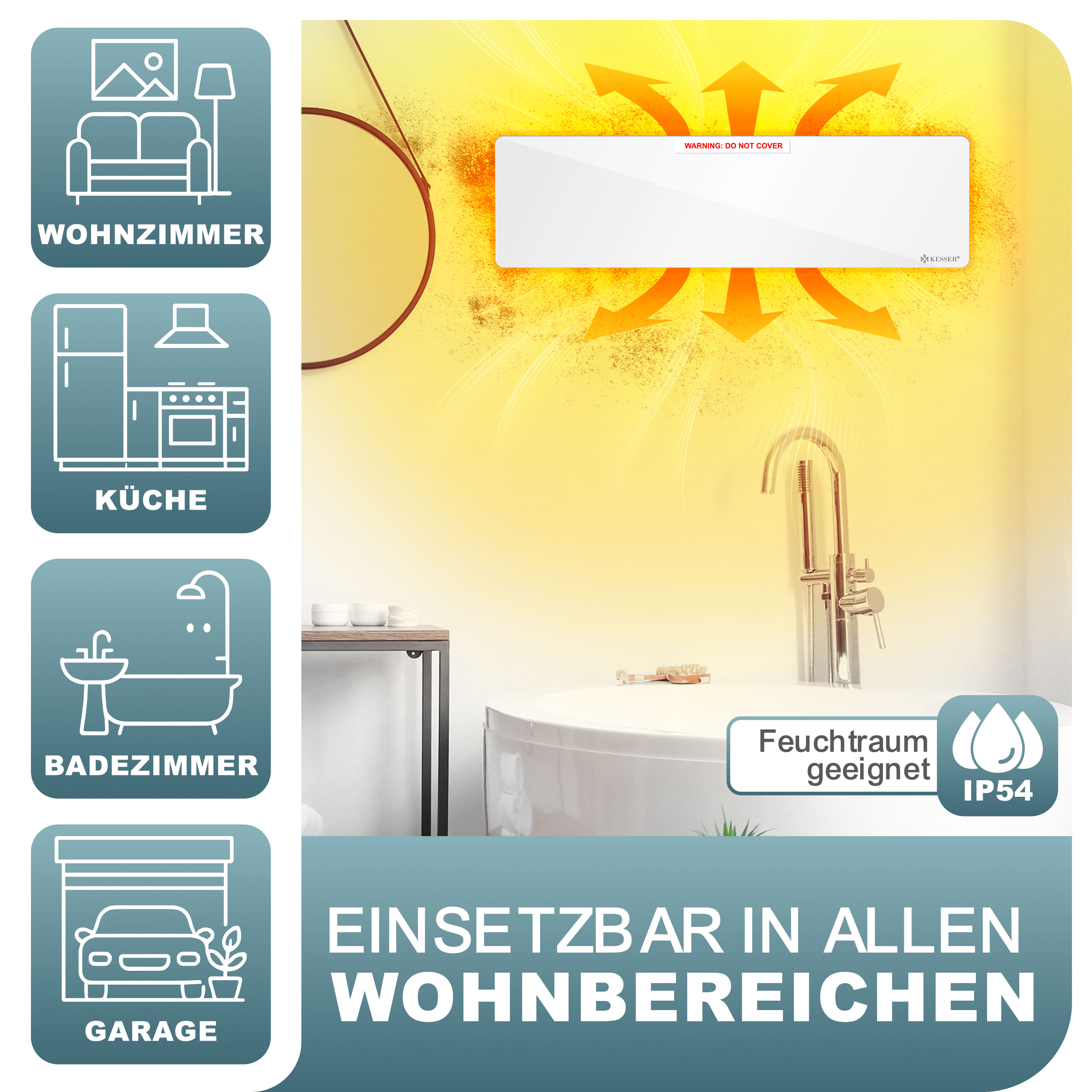 Ein weißes Infrarot-Heizpaneel an einer gelben Wand in einem Badezimmer, mit Icons für Wohnräume links.