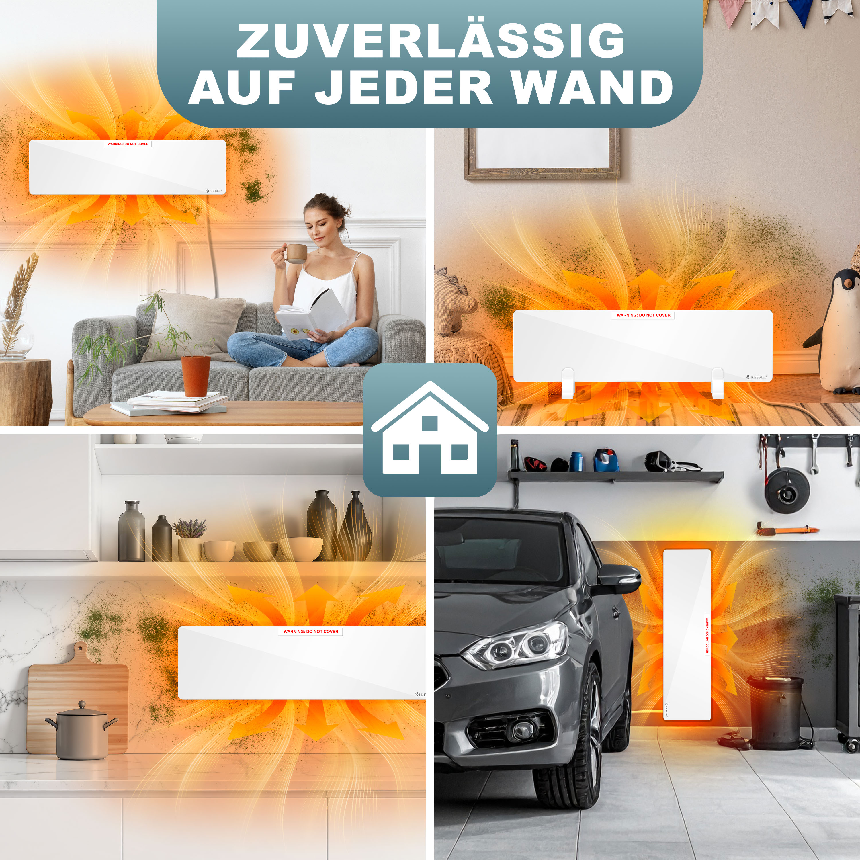 Eine Collage zeigt eine weiße Wandheizung, die in verschiedenen Räumen orangefarbene Hitzewellen abstrahlt.