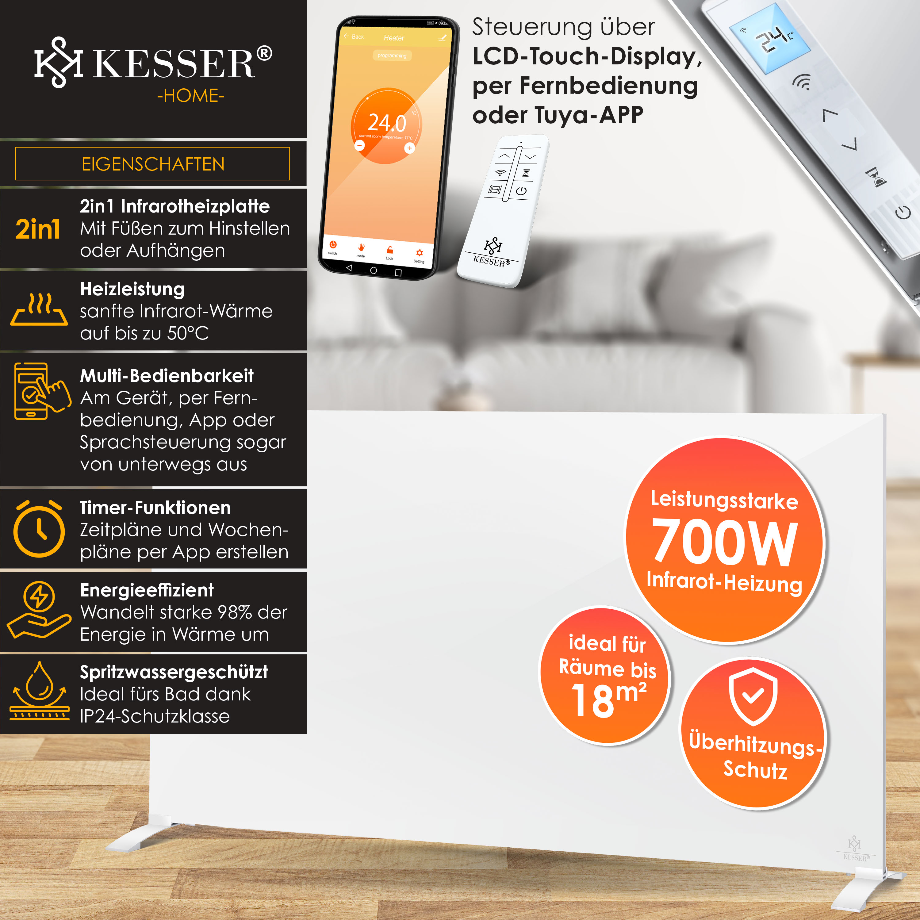 Weiße 700W Infrarotheizung mit App- und Fernbedienung, Textfeldern zu Eigenschaften und Wohnzimmer-Hintergrund.