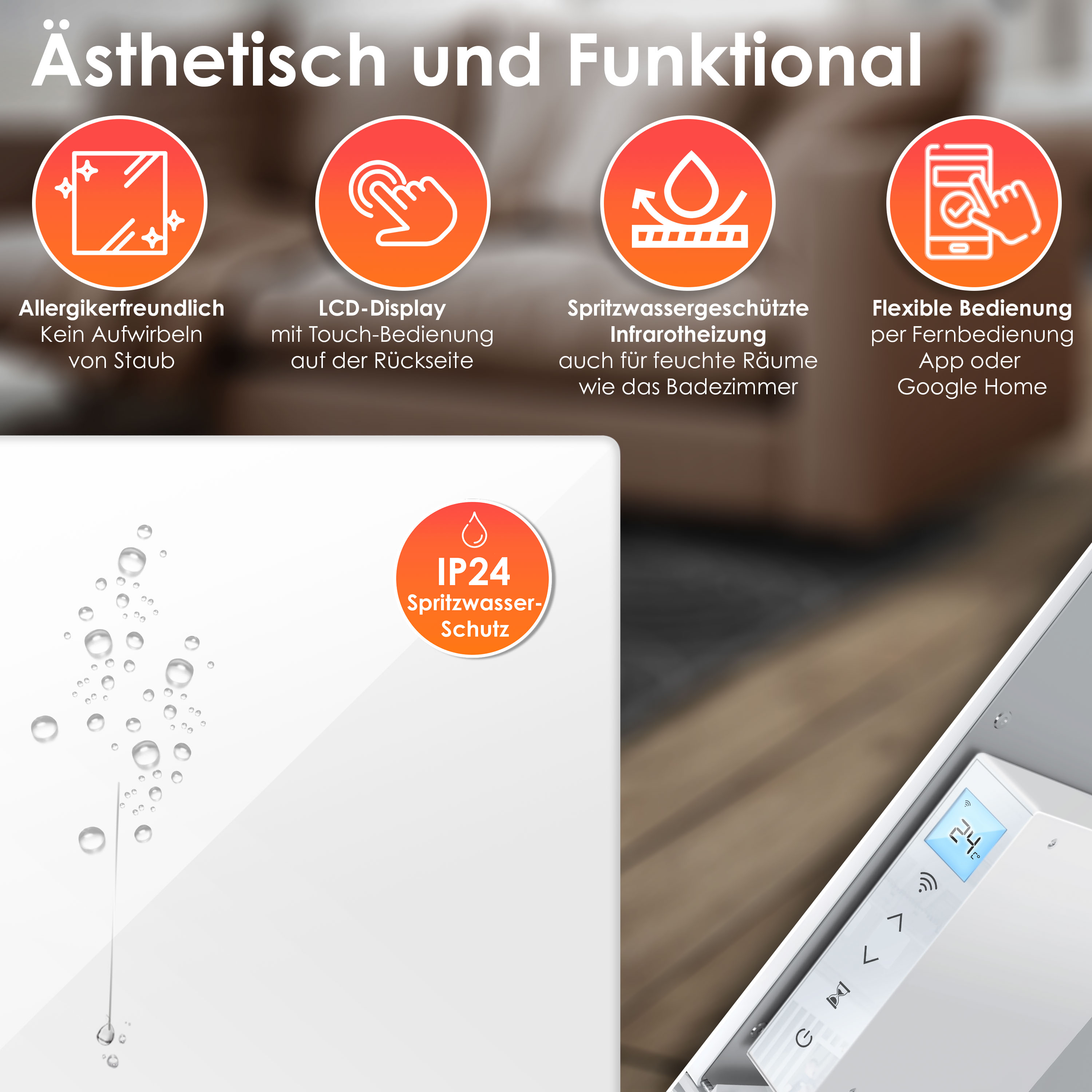 Infografik zeigt Infrarotheizung-Funktionen mit Symbolen für Allergiker, Touch-Display, IP24-Schutz und App-Steuerung.