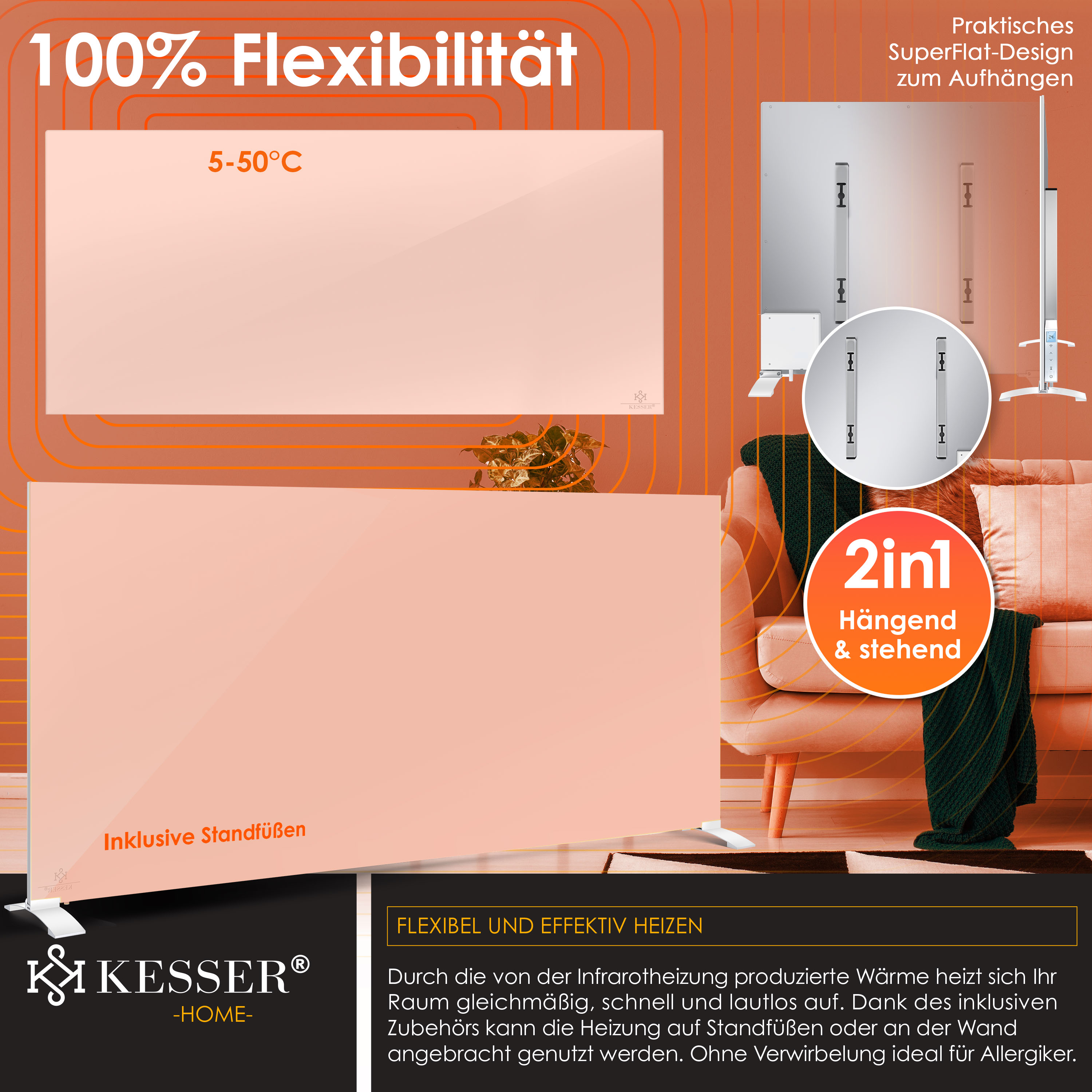Flache Infrarotheizung in Rosa mit Standfüßen und Wandhalterung im Wohnzimmer.
