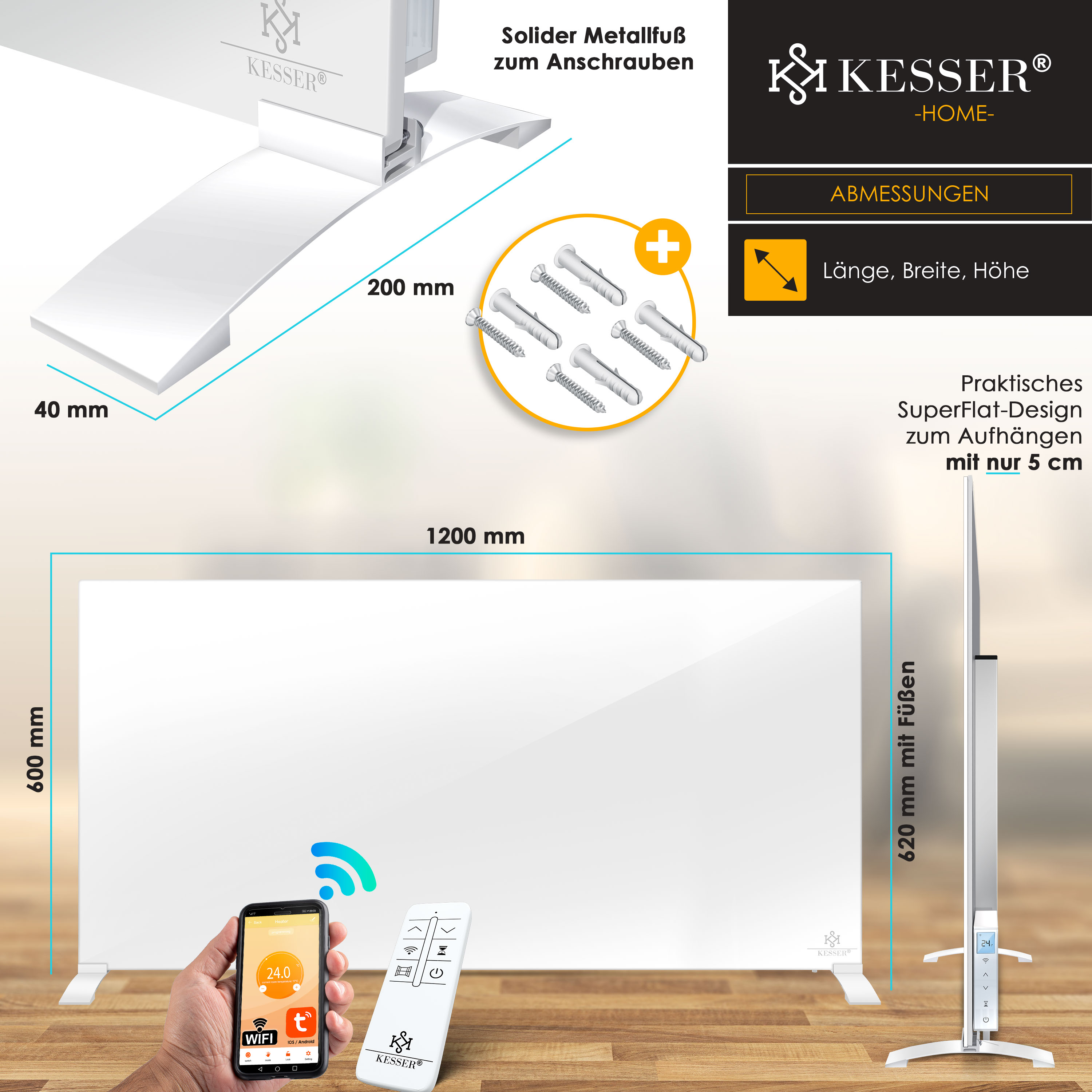 Produktbild eines Kesser Infrarotheizpanels mit Maßen, Fernbedienung, Smartphone-App und Montagezubehör.