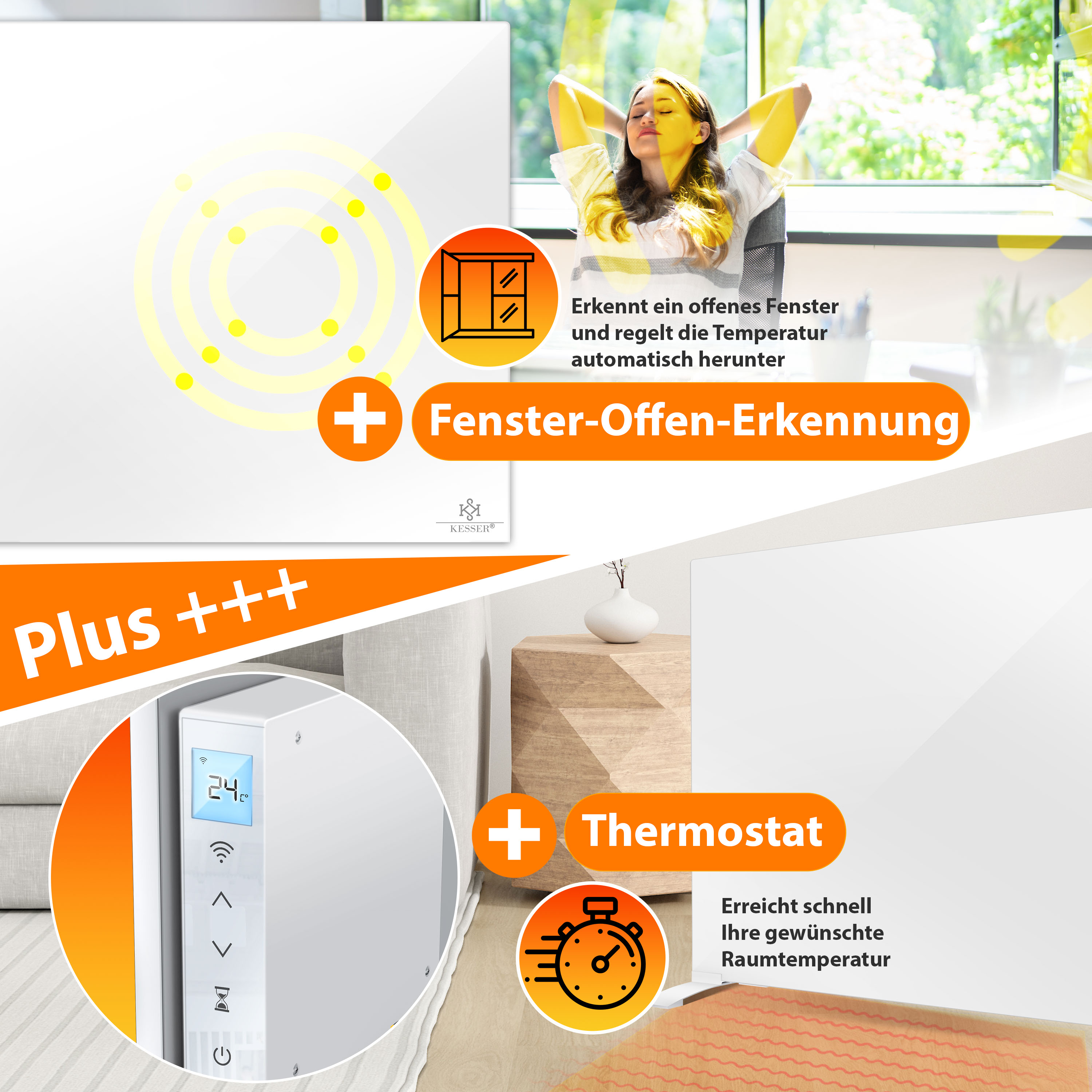 Heizkörper mit Fenster-Offen-Erkennung und digitalem Thermostat.