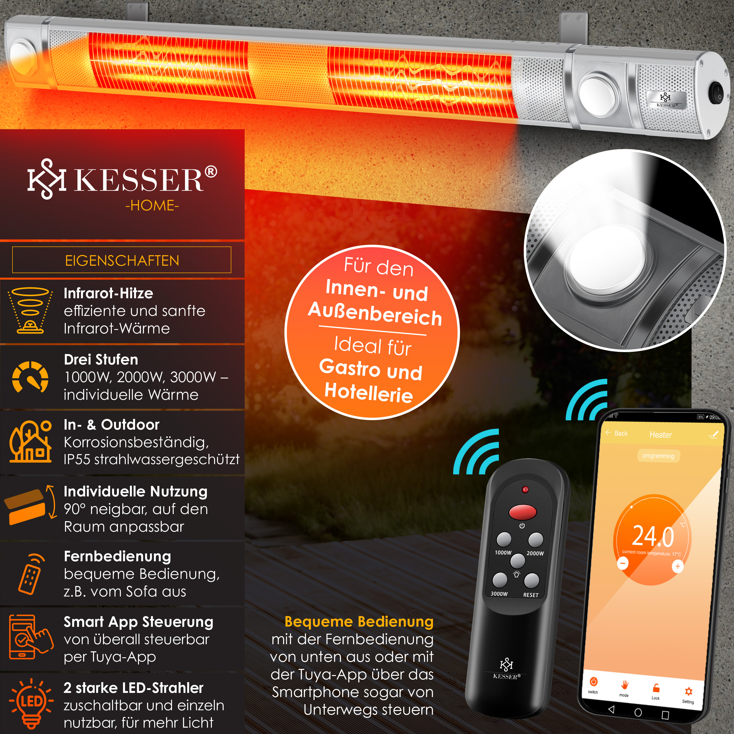 Kesser Infrarotstrahler Werbung mit Funktionen, Fernbedienung und Smartphone-App.