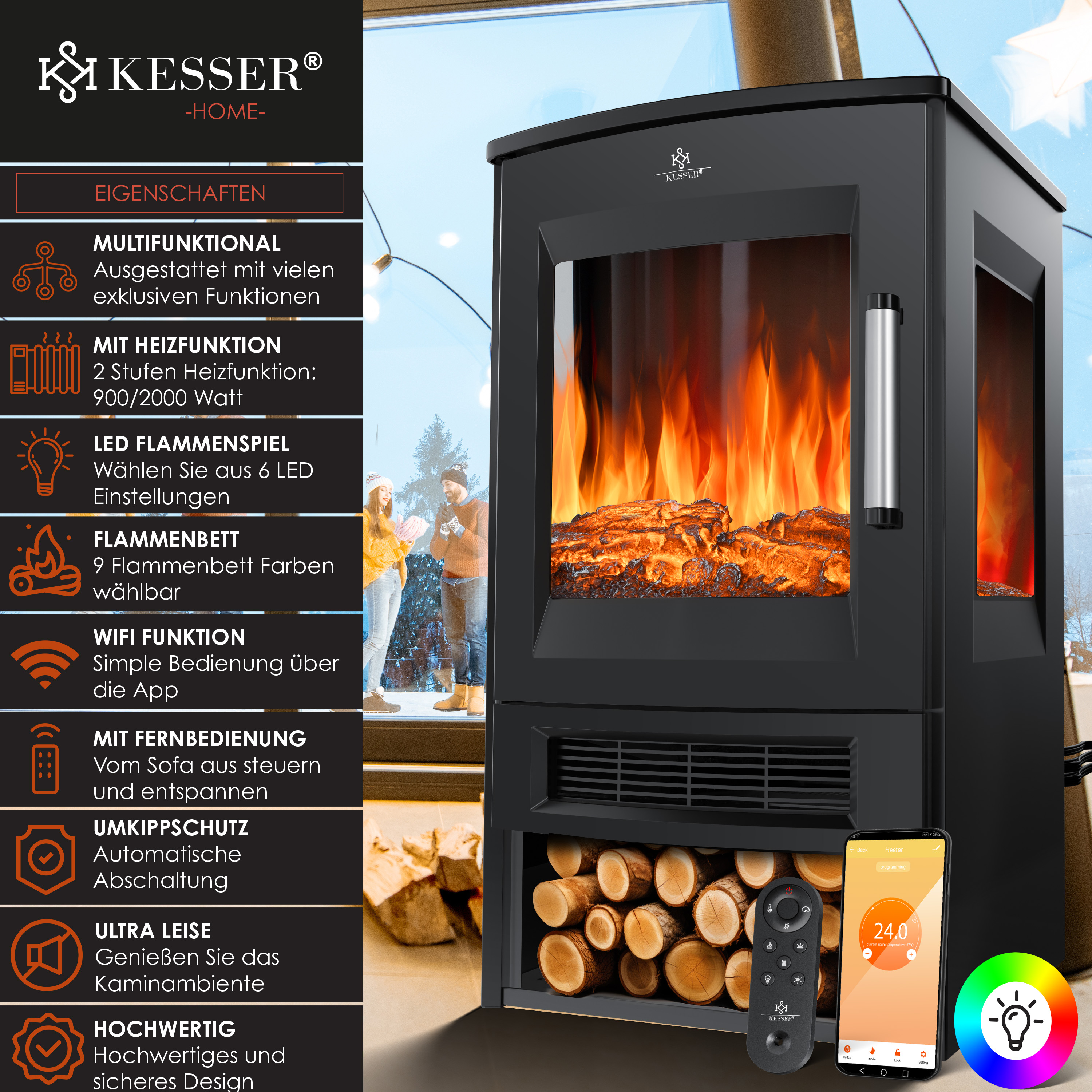 Schwarzer elektrischer Kamin mit LED-Flammen, Fernbedienung, Holzfach und App-Steuerung vor verschneitem Hintergrund.
