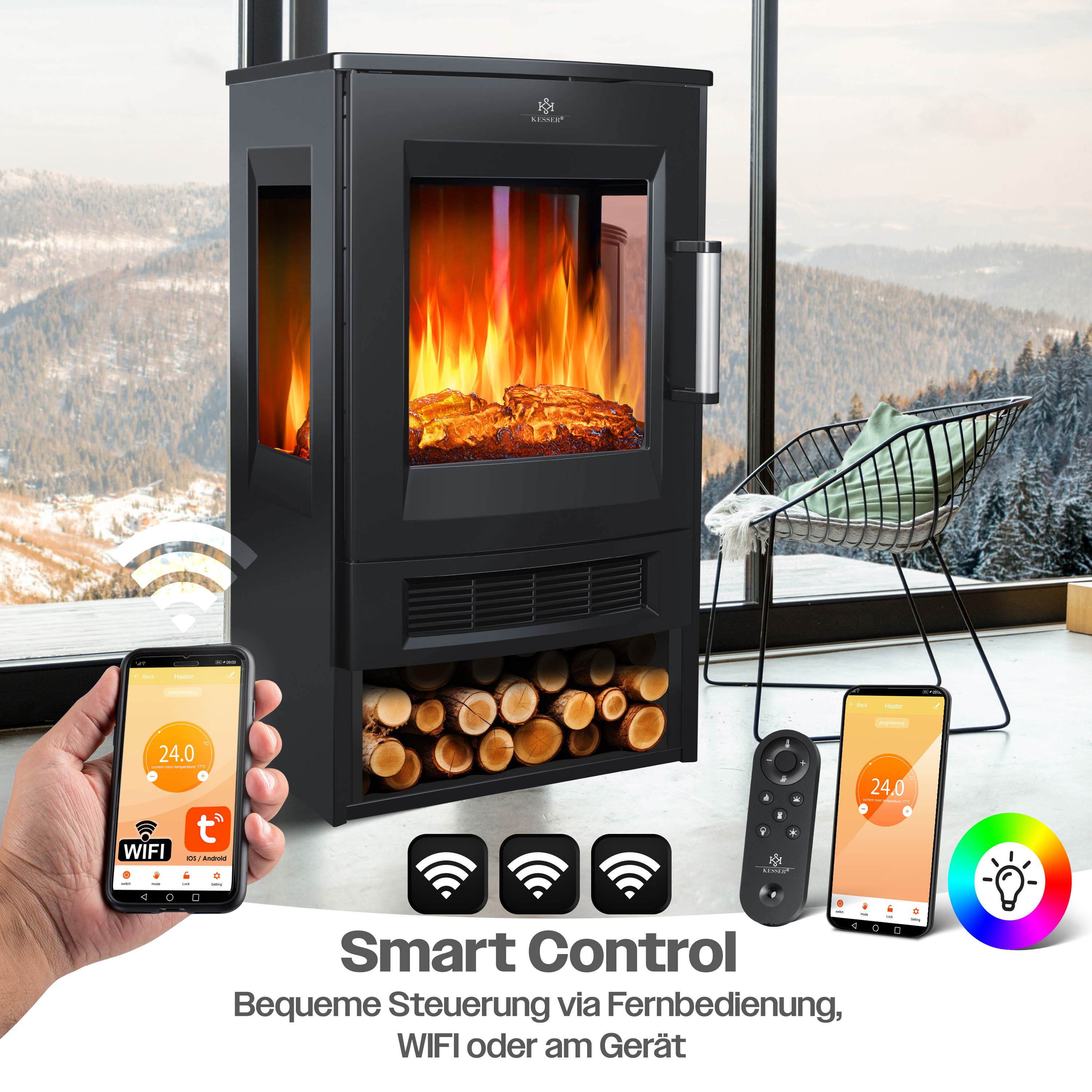 Moderner schwarzer Elektrokamin mit Holzfach vor winterlicher Berglandschaft, steuerbar per App und Fernbedienung.