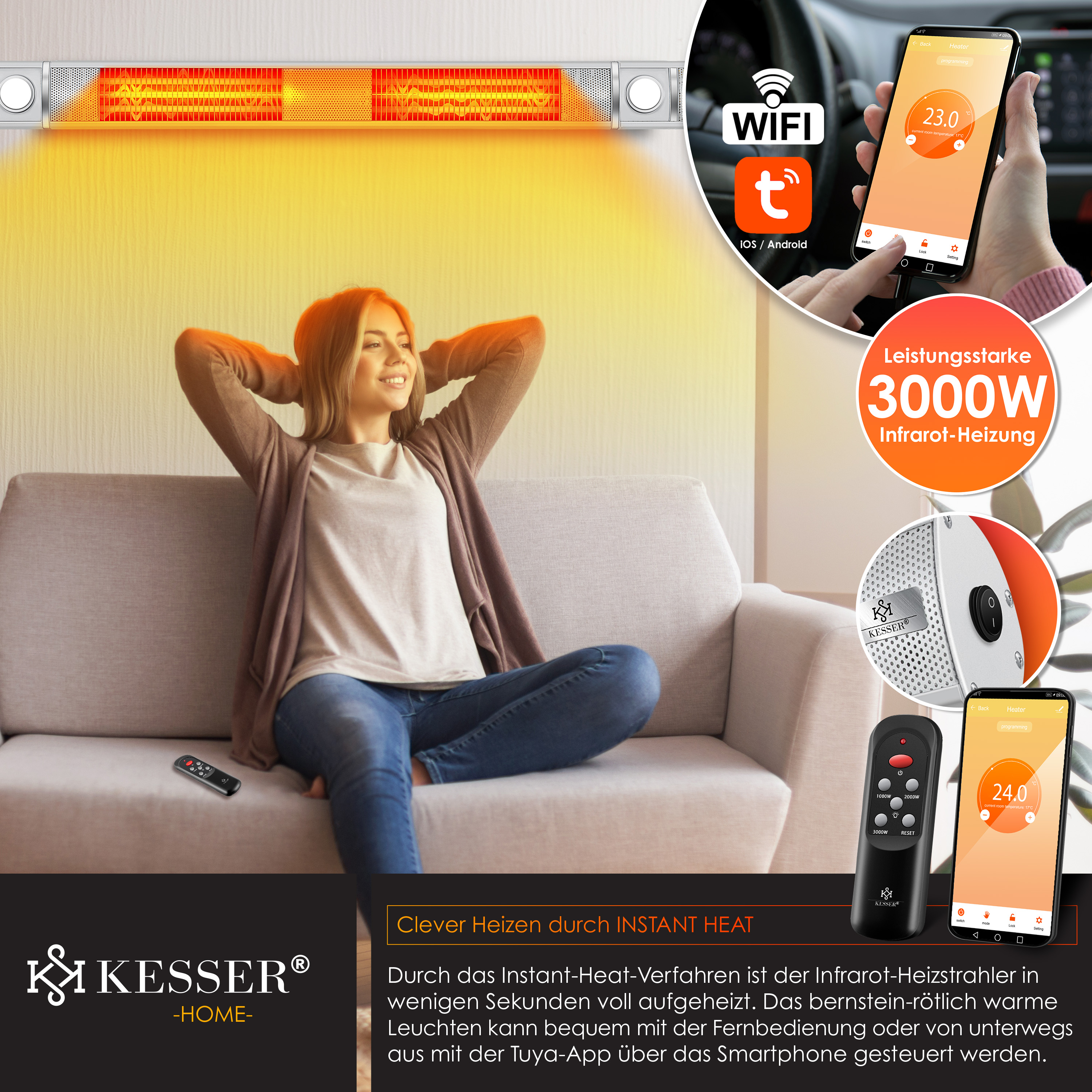 Eine Frau entspannt auf einem Sofa unter einem Infrarot-Heizstrahler, gesteuert per App und Fernbedienung.