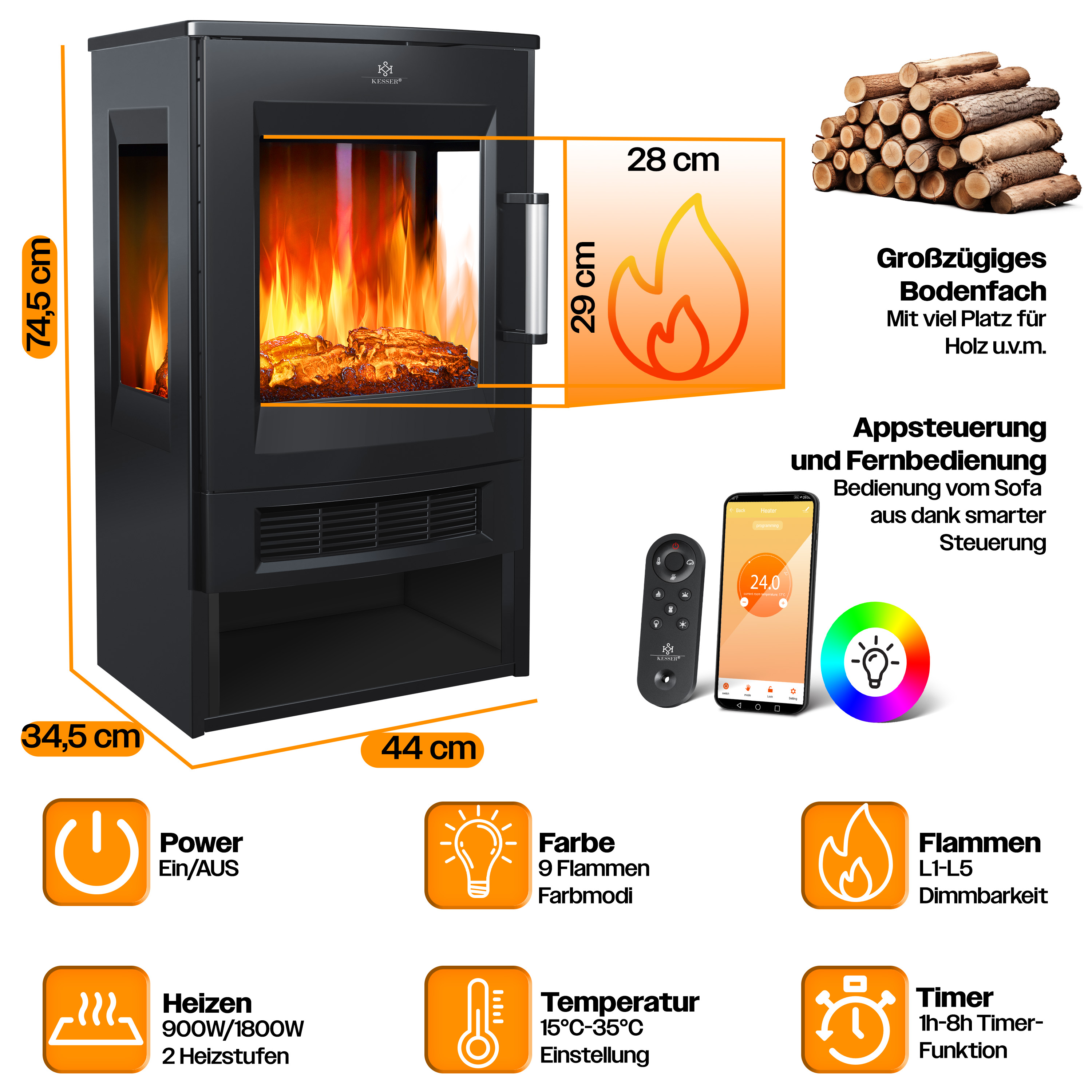 Schwarzer elektrischer Kamin mit Flammeneffekt, Abmessungen, Fernbedienung, App-Steuerung und Funktionssymbolen.