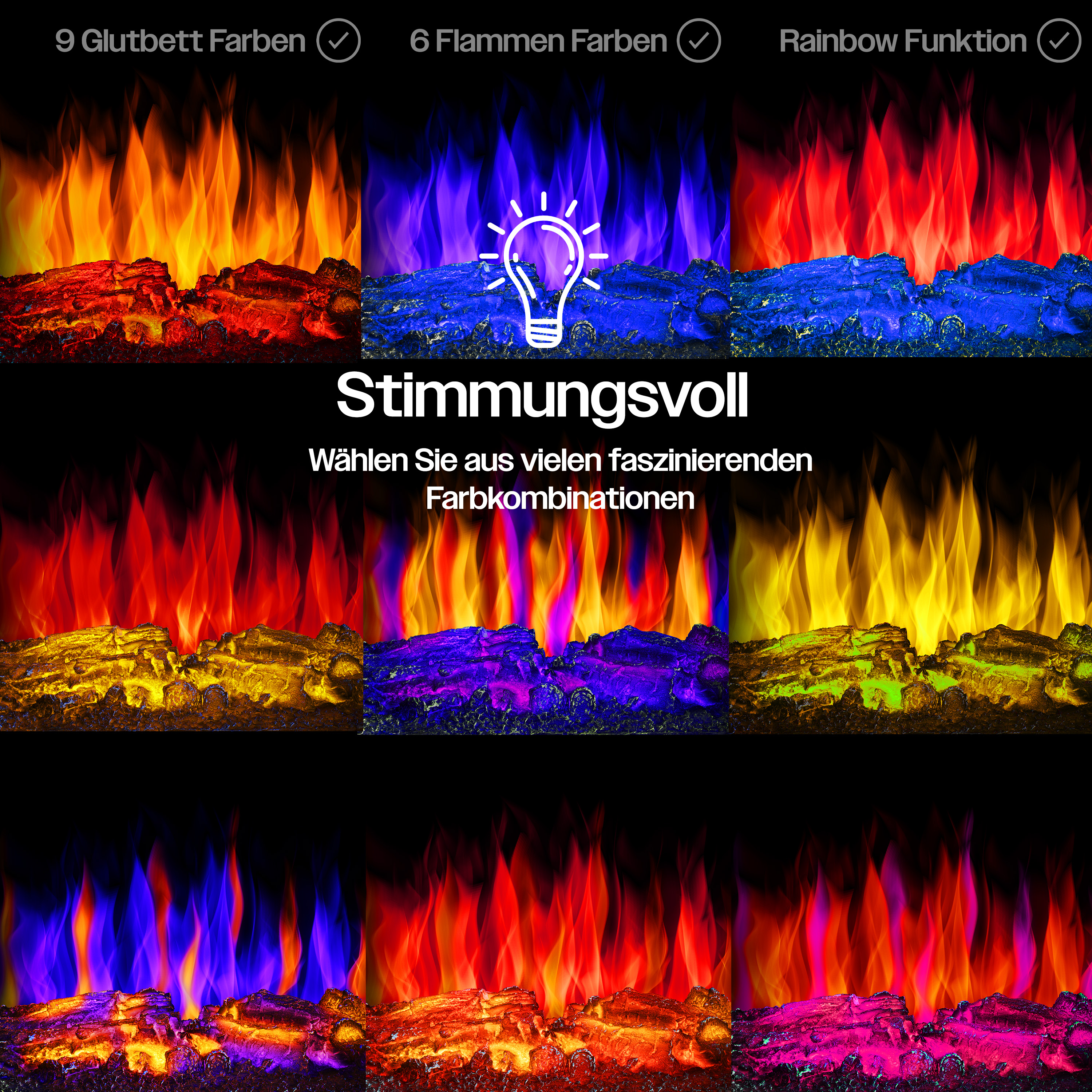 Ein Bild mit neun verschiedenen Farboptionen für Flammen und Glutbett eines elektrischen Kamins.