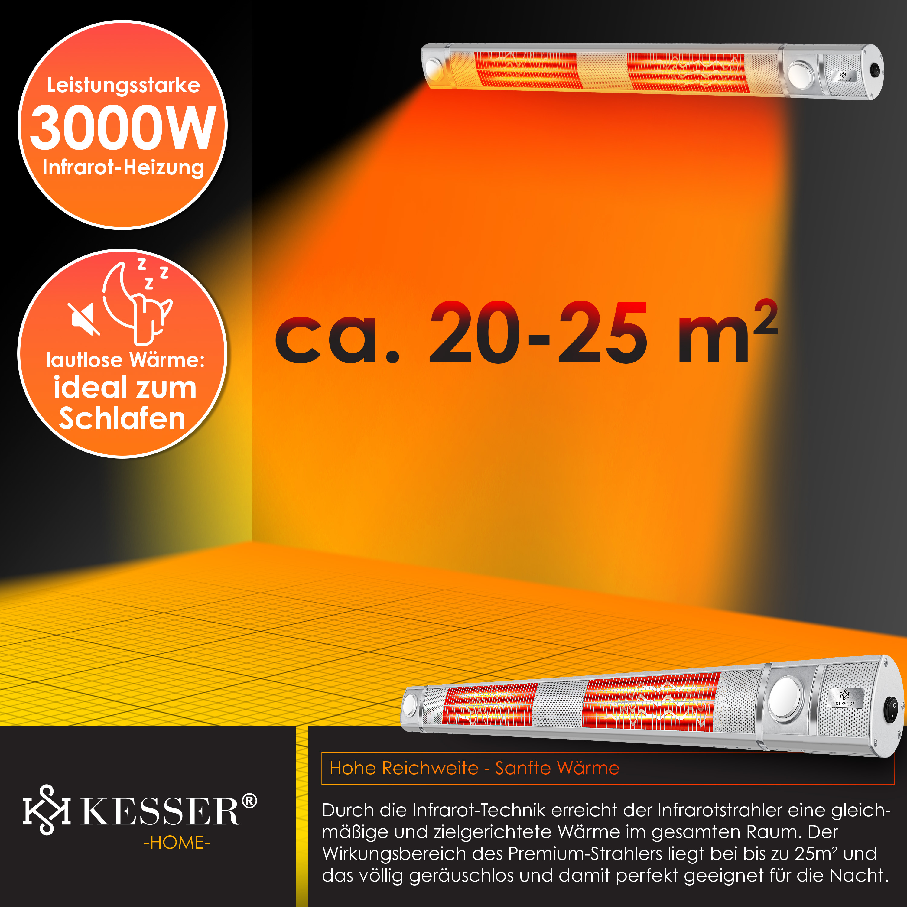 Produktwerbung für einen 3000W Infrarot-Heizstrahler von Kesser für Räume bis 25m².
